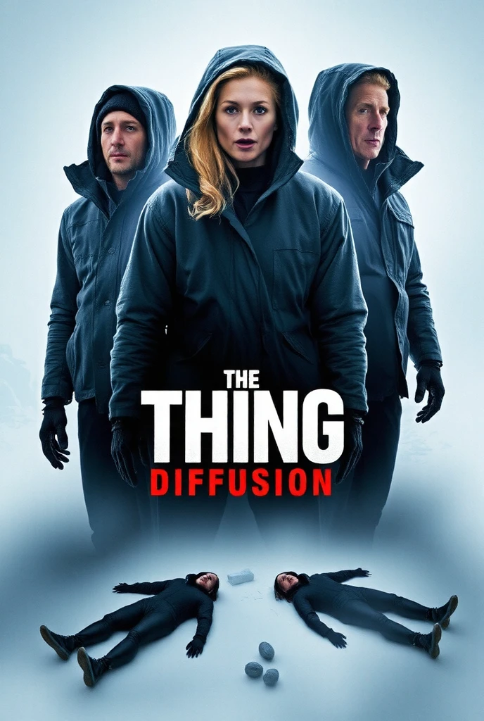 (sci-fi horror movie poster), (big title, The THING: Diffusion), ((overlapping images, top, terrified rescue team members in winter clothes, a blonde American female doctor, 2 male rescue team members ((bottom, 2 frozen bodies lying in a corner of an Antarctic base hit by a blizzard,