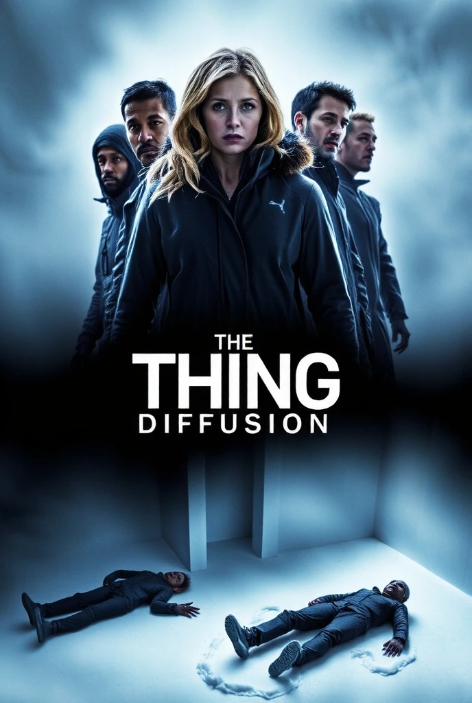 (sci-fi horror movie poster), (big title, The THING: Diffusion), ((overlapping images, top, terrified rescue team members in winter clothes, a blonde American female doctor, 2 male rescue team members ((bottom, 2 frozen bodies lying in a corner of an Antarctic base hit by a blizzard,