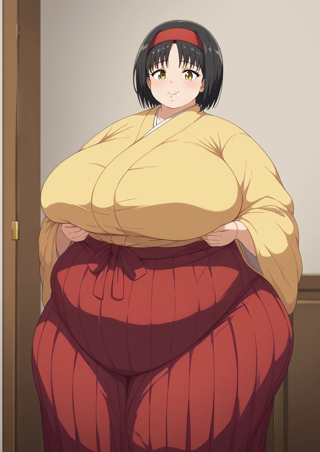 Erika, Erica,    yellow eyes  ,  Black Hair,  red headband,   Shorthair,  yellow kimono, Boobs are not exposed,   Long Sleeve  ,  red hakama, score_9,   score_8_ up,   score_7_ up,   score_6_ up,   score_5_ up,   score_4_ up,     masterpiece   ,   top quality,     very aesthetic  ,    absurd,    Source_Anime, Anime screencap,    one woman , Alone,   personal   ,  Super huge breasts, (((S uper huge クレビス, Super huge , Super huge boob))), Curvy,   in her 20s,  Mature Woman,   obese , ,  troubled expression, ssbbw,  embarrassing expression , Japanese-style room, Eating Daifuku