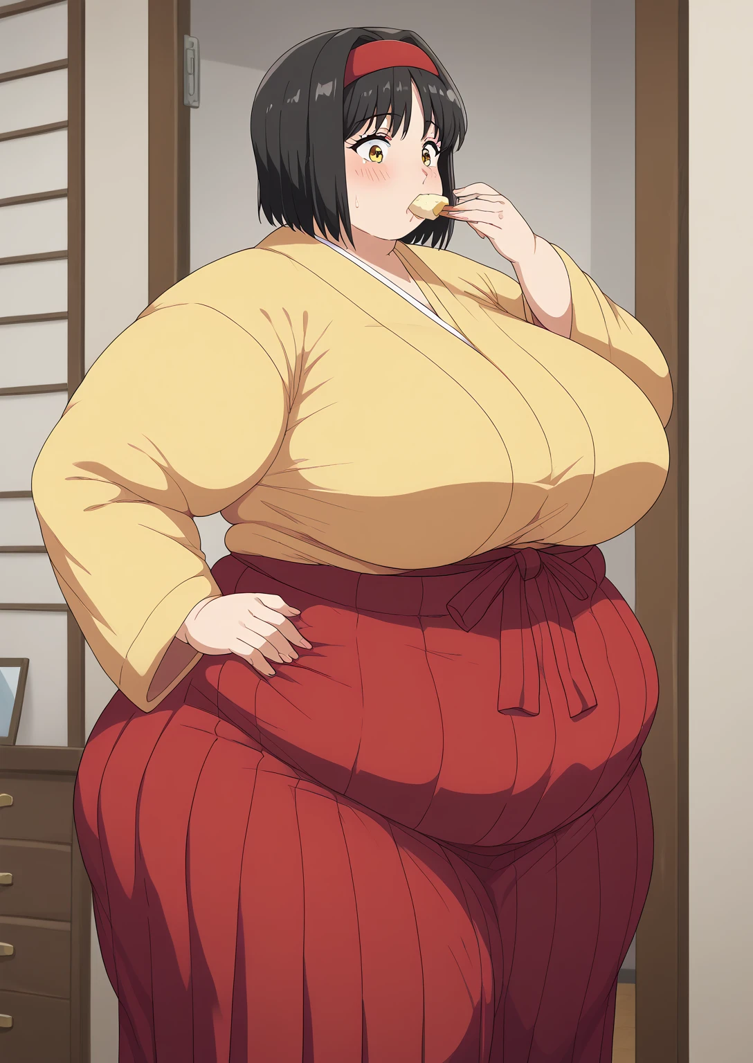 Erika, Erica,    yellow eyes  ,  Black Hair,  red headband,   Shorthair,  yellow kimono, Boobs are not exposed,   Long Sleeve  ,  red hakama, score_9,   score_8_ up,   score_7_ up,   score_6_ up,   score_5_ up,   score_4_ up,     masterpiece   ,   top quality,     very aesthetic  ,    absurd,    Source_Anime, Anime screencap,    one woman , Alone,   personal   ,  Super huge breasts, (((S uper huge クレビス, Super huge , Super huge boob))), Curvy,   in her 20s,  Mature Woman,   obese , ,  troubled expression, ssbbw,  embarrassing expression , Japanese-style room, Eating Daifuku