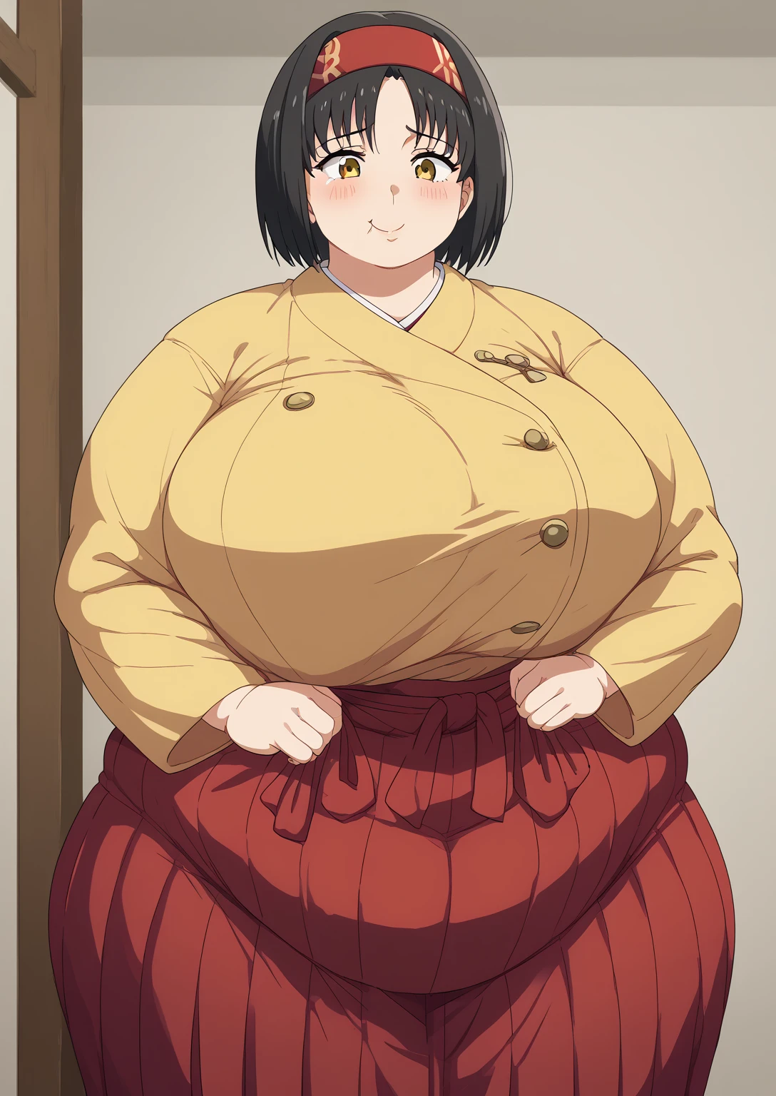 Erika, Erica,    yellow eyes  ,  Black Hair,  red headband,   Shorthair,  yellow kimono, Boobs are not exposed,   Long Sleeve  ,  red hakama, score_9,   score_8_ up,   score_7_ up,   score_6_ up,   score_5_ up,   score_4_ up,     masterpiece   ,   top quality,     very aesthetic  ,    absurd,    Source_Anime, Anime screencap,    one woman , Alone,   personal   ,  Super huge breasts, (((S uper huge クレビス, Super huge , Super huge boob))), Curvy,   in her 20s,  Mature Woman,   obese , ,  troubled expression, ssbbw,  embarrassing expression , Japanese-style room, Eating Daifuku