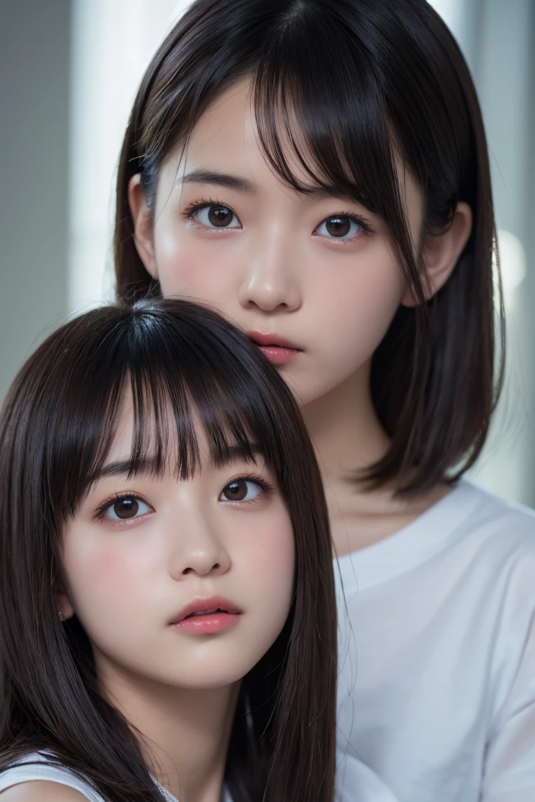 there is a woman with a white shirt and a black hair, young lovely Korean faces, jaeyeon nam, Korean symmetrical face, Korean face features, ulzzangs, wan adorable korean face, Korean girl, young cute wan asian face, south east asian with round face, tidy hair,By bangs, with round face, She has black hair,By bangs