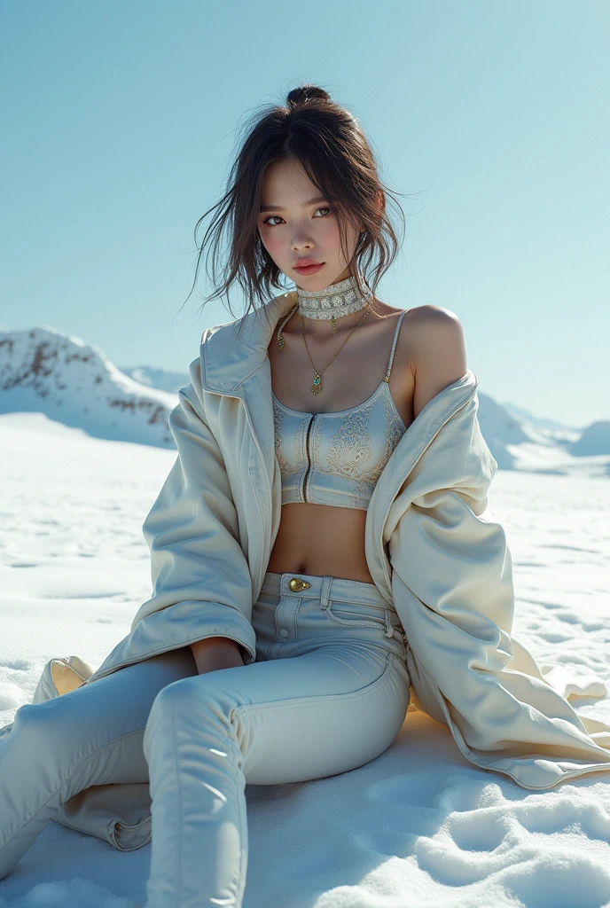 ((smallunderboob,Tomboyish,small heads)), (Well-defined abs: 1.1), (perfect bodies: 1.1), (short-length straighthair: 1.2), Black hair,attractive collarbone，（极其细致的CG 8k壁纸），（Extremely refined and beautiful），（tmasterpiece），（best qualtiy：1.0），（超高分辨率：1.0），upper body photos，[A high resolution]，A beautyful girl，cheerfulness，ssmile，Smooth and flawless fair skin，ultra - detailed ，Elongated legs，flatchest，Slim，emaciated，Winters，atarctive，Frozen，White long down jacket coat，Open，White bra，short white pants，Riding a giant polar bear，Realistic polar bear in perfect detail，Close-up，the night，starrysky，aurora borealis