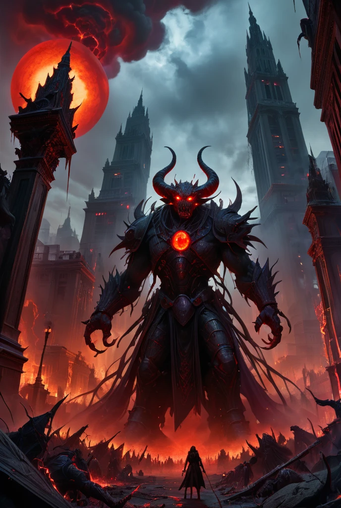 A dark, apocalyptic scene depicting the corruption of humanity under the dominance of satanic forces. The setting is a ruined city with fiery skies, filled with shadows and demonic figures towering over frightened, enslaved humans. The humans are depicted as shackled, their faces twisted with despair and consumed by their desires—greed, lust, and pride reflected in their expressions and actions. The satanic forces appear as towering, grotesque figures, radiating malevolent energy, with glowing red eyes and dark, smoky auras. The environment is chaotic, with fiery cracks on the ground, ash-filled air, and a sense of moral decay overtaking the world. The lighting is dark and dramatic, with intense reds and oranges illuminating the scene, creating a haunting and oppressive atmosphere