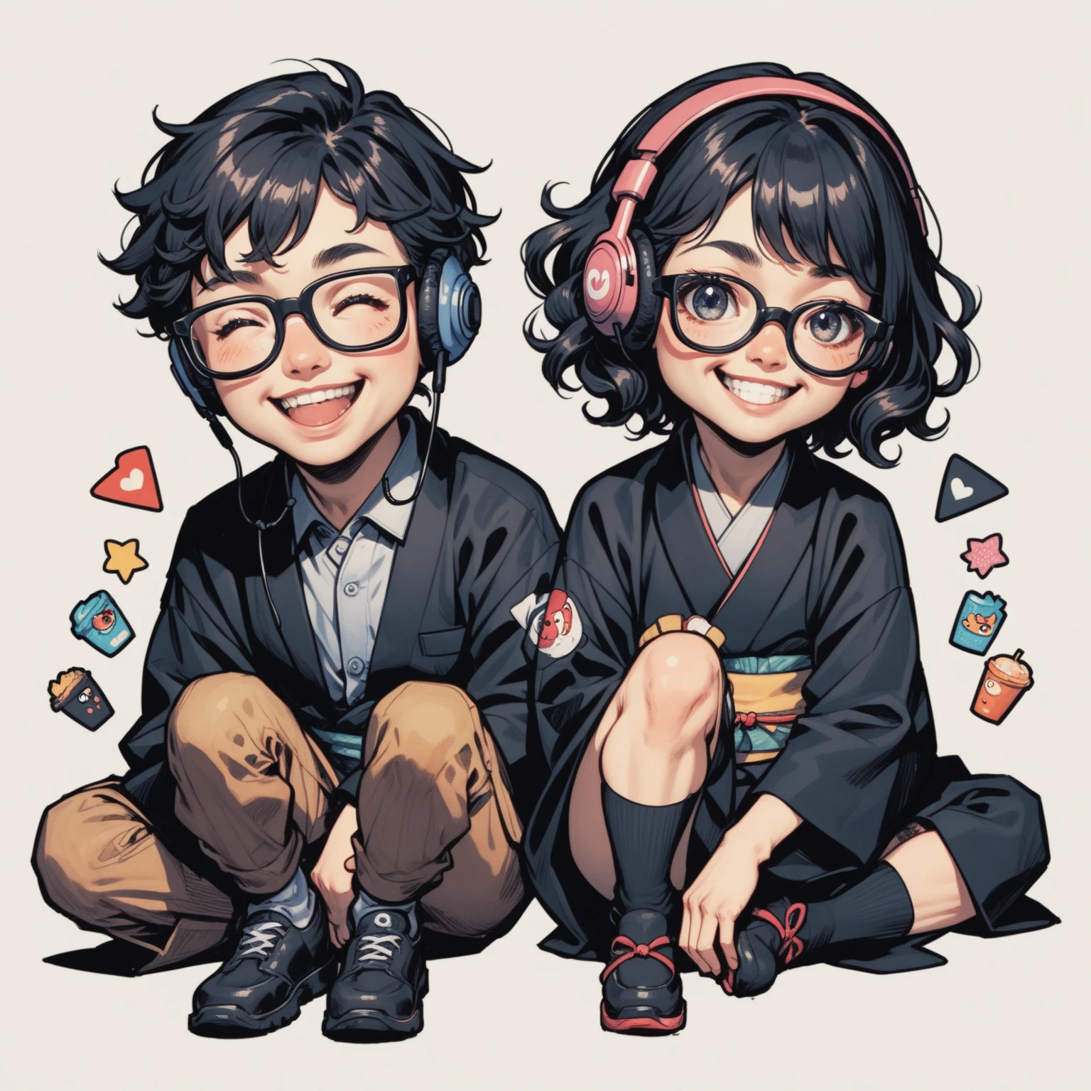 Japanese boy wearing black suit and Japanese girl wearing black Japanese-kimono, one person, black wavy hair, semi-short hair, wearing glasses, Front facing, gaming headset, full body image, icon, smiling, chibi, kawaii