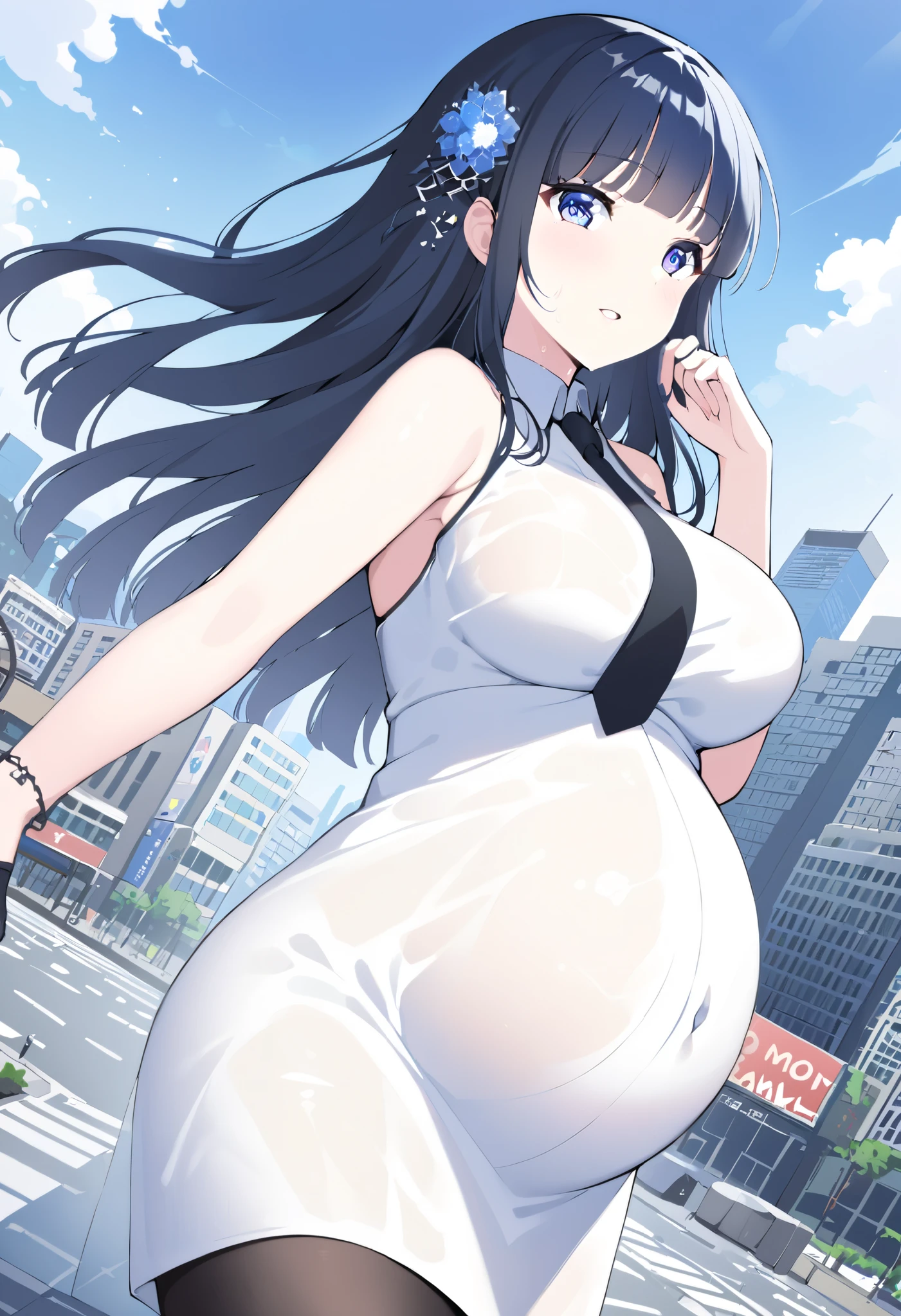 SHIBA MIYUKI, BLACK HAIR, BLUE EYES, LONG HAIR, HAIR ORNAMENT, BLUNT BANGS
FIRST HIGH , WHITE DRESS, BLACK NECKTIE, CITY, BLACK PANTYHOSE, SEE-THROUGH DRESS  ,large breasts , ConcertHole, 1girl, (Pregnant)