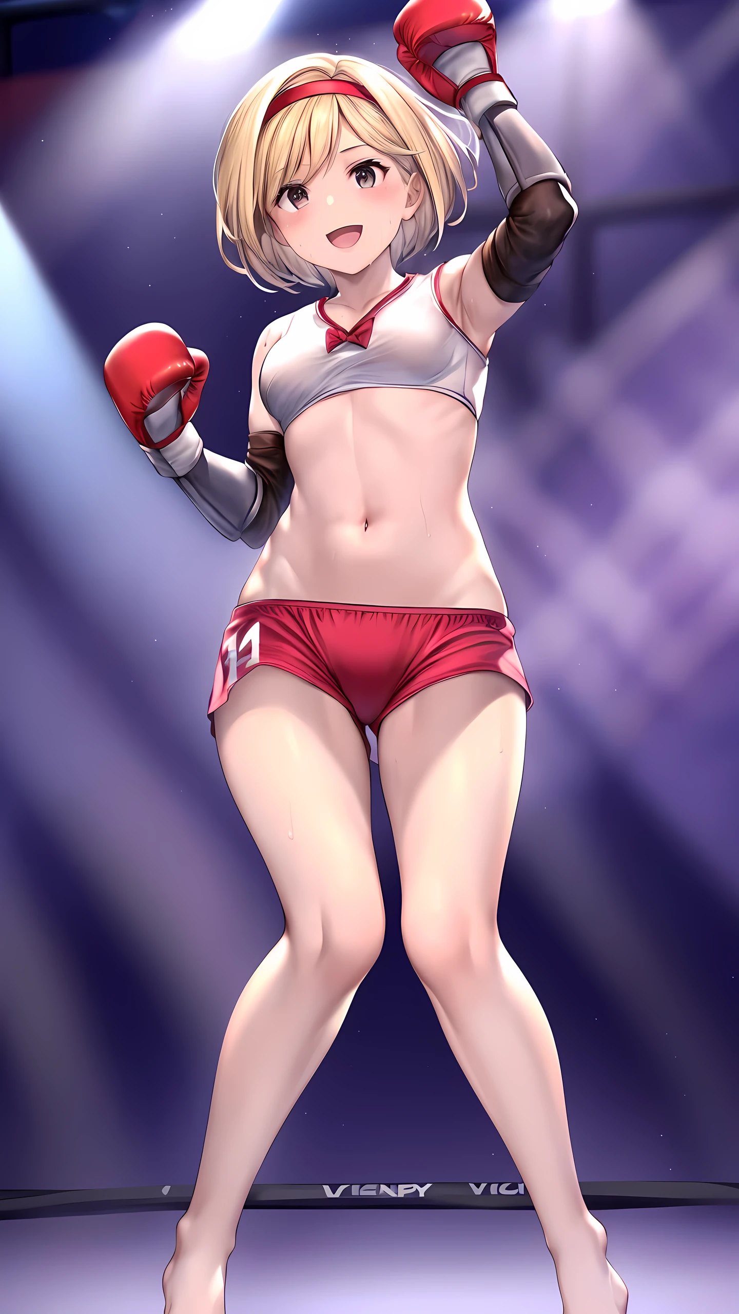 djeeta_(granblue_fantasy), 1girl, solo, Detailed eyes, (wearing mma costume:2, bare thigh, mma gloves, no sleeves:1.3, visible navel), bare foot, (slim long legs:1.3), Perfect body, (on boxing ring :1.5), (happy smile:1.5, open mouth), Toned body, Ultra HD, Detailed eyes, Detailed face, full body shot, looking at viewer, (from below:1.5, victory poses:1.5, arm up), sweaty, stage lighting,