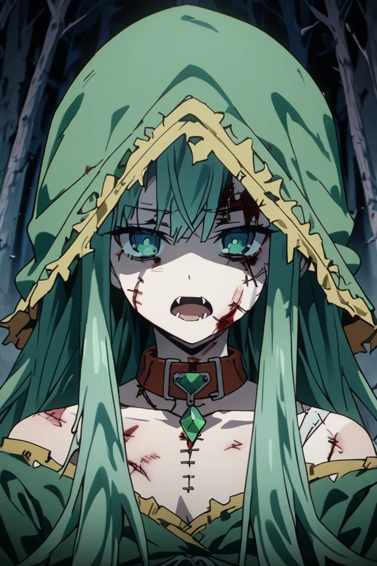  portrait,  masterpieces , sharpest image,4K,Solo,1 woman, emerald green long hair , lifeless eyes,Still Face ,Emerald green eyes,The B cup bust ,Beautiful waist,Green hood inside orange , a shoulder-width collar, black miniskirt , black pantyhose, stitches on the body,Injured,Female zombie,Face near angle of view ,, open mouth, see fangs,blood,Lifeless ,Dark Forest ,Desolate roads, half image,Awesome image , anime images ,, anatomically correct