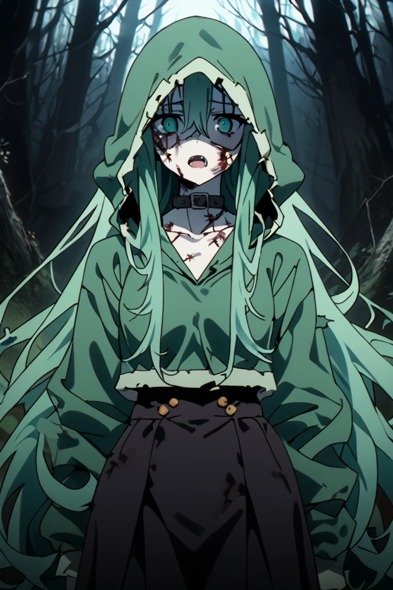  portrait,  masterpieces , sharpest image,4K,Solo,1 woman, emerald green long hair , lifeless eyes,Still Face ,Emerald green eyes,The B cup bust ,Beautiful waist,Green hood inside orange , a shoulder-width collar, black miniskirt , black pantyhose, stitches on the body,Injured,Female zombie,Face near angle of view ,, open mouth, see fangs,blood,Lifeless ,Dark Forest ,Desolate roads, half image,Awesome image , anime images ,, anatomically correct