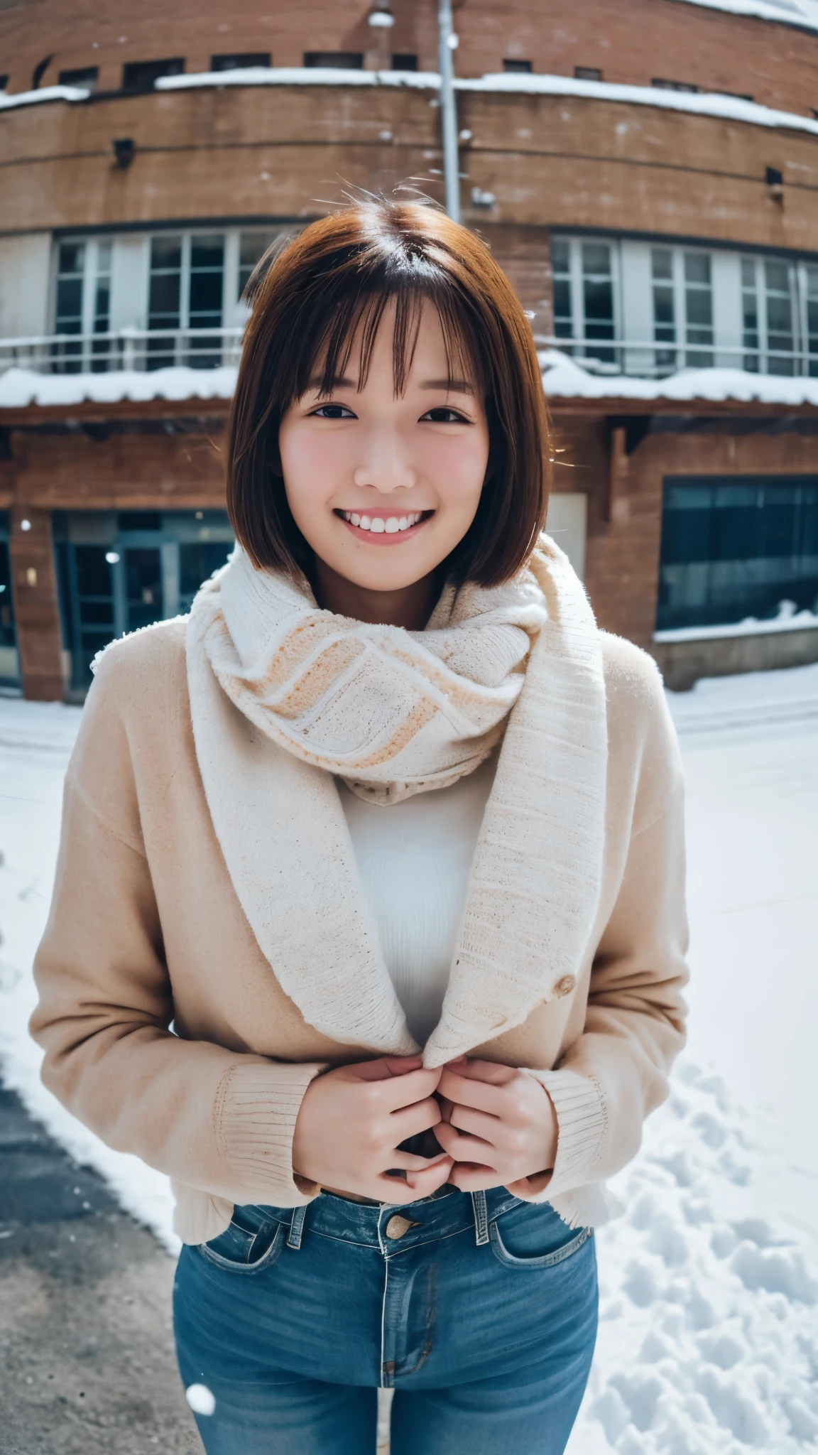 masterpiece, top quality, high image quality,( super flat , flat shading ), fisheye lens, beautiful petite trained young mother and very cute trained daughter:1.25, warm scarf 、 sweater , jeans、 short hair , Big Breasts 、 boots, smile, smile, White Breath,fun, play, winter, snow, 新snow,dusk, Beautiful Sunsets ,Wide angle, bright color ,Strong winds,Flowing hair、solo、