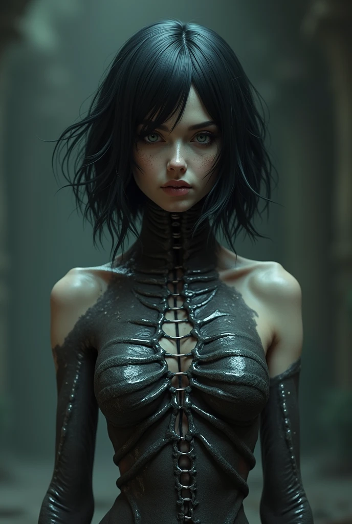 a digital painting of a woman with black and white makeup, cyberpunk art by Anna Dittmann, cgsociety, gothic art, dystopian art, detailed painting, behance hd, deep photography, Ilford HP5 film, crushed blacks, depth of field, dark photo, film grain, shadows, natural light