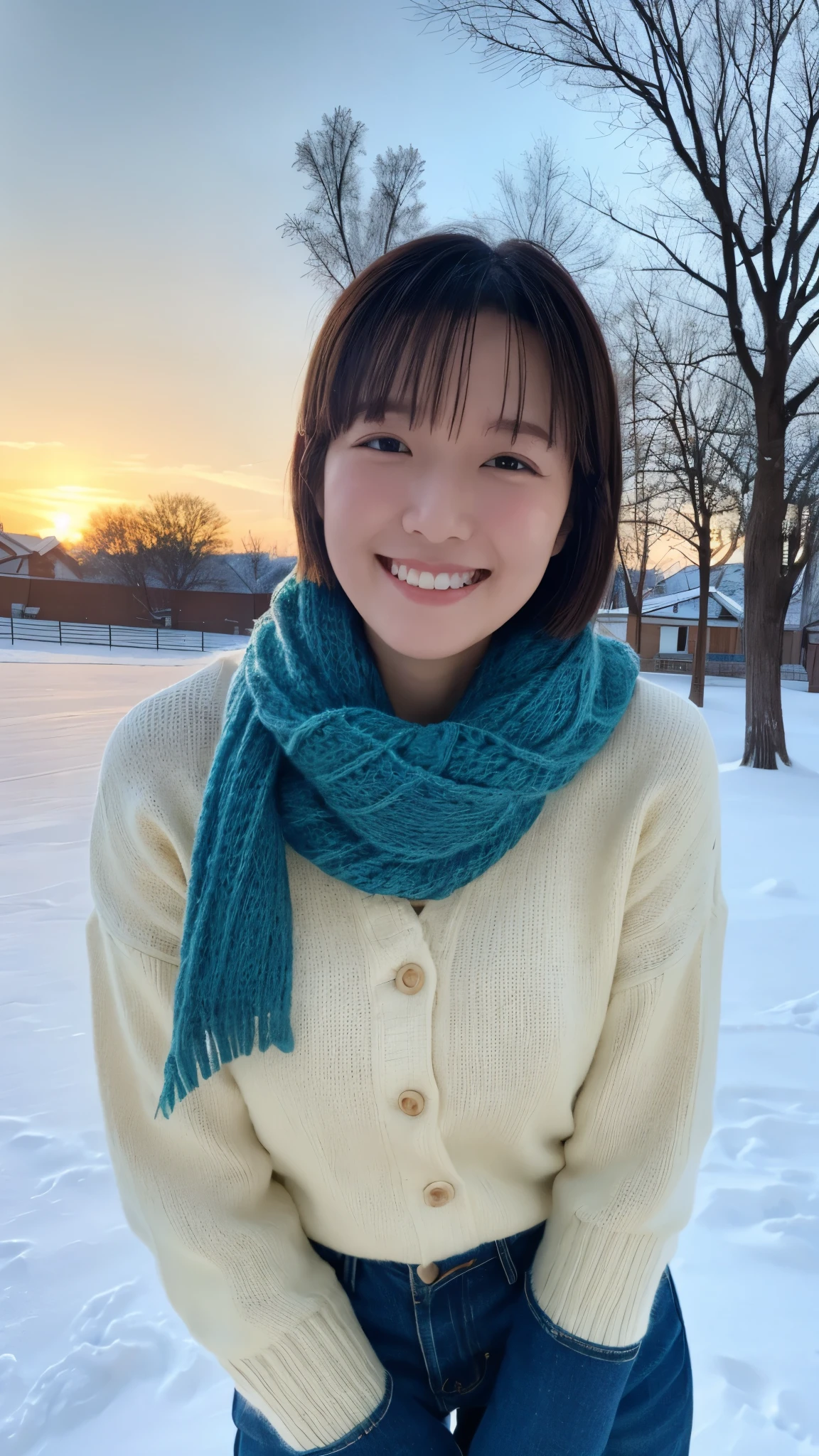 masterpiece, top quality, high image quality,( super flat , flat shading ), fisheye lens, beautiful petite trained young mother and very cute trained daughter:1.25, warm scarf 、 sweater , jeans、 short hair , Big Breasts 、 boots, smile, smile, White Breath,fun, play, winter, snow, 新snow,dusk, Beautiful Sunsets ,Wide angle, bright color ,Strong winds,Flowing hair、solo、