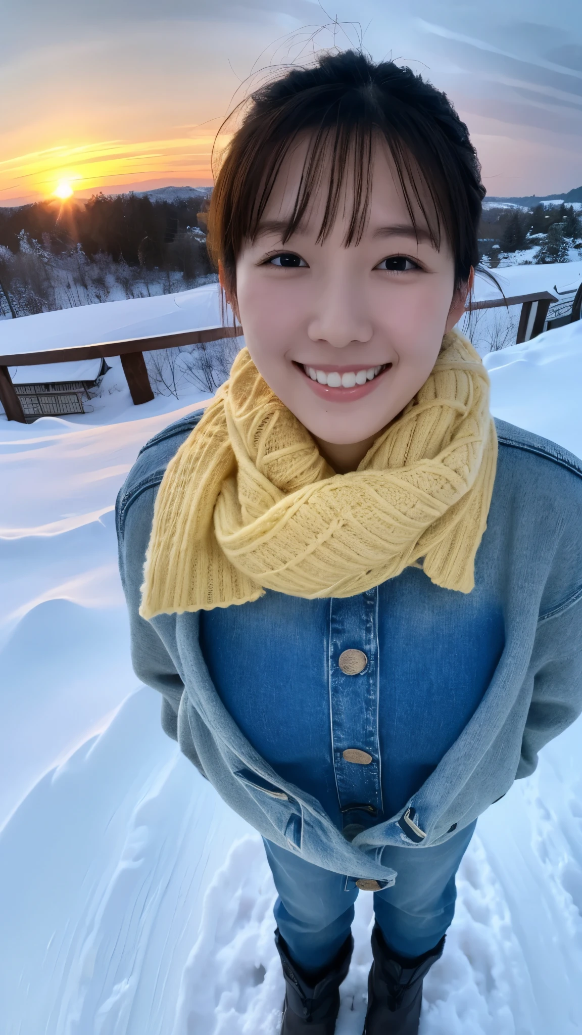 masterpiece, top quality, high image quality,( super flat , flat shading ), fisheye lens, beautiful petite trained young mother and very cute trained daughter:1.25, warm scarf 、 sweater , jeans、 short hair , Big Breasts 、 boots, smile, smile, White Breath,fun, play, winter, snow, 新snow,dusk, Beautiful Sunsets ,Wide angle, bright color ,Strong winds,Flowing hair、solo、