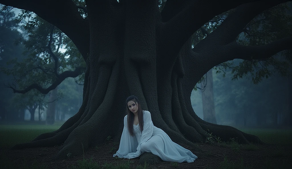 "A haunting forest scene at night with a massive tree in the center, its roots sprawling across the ground. Underneath the tree sits a ghostly woman with long hair covering her face, wearing a tattered white dress. The moonlight creates a spotlight effect on her, while the surrounding forest is shrouded in darkness and moving shadows. A faint mist lingers around her, enhancing the eerie atmosphere. Dominant colors are black, pale white, and misty blue."