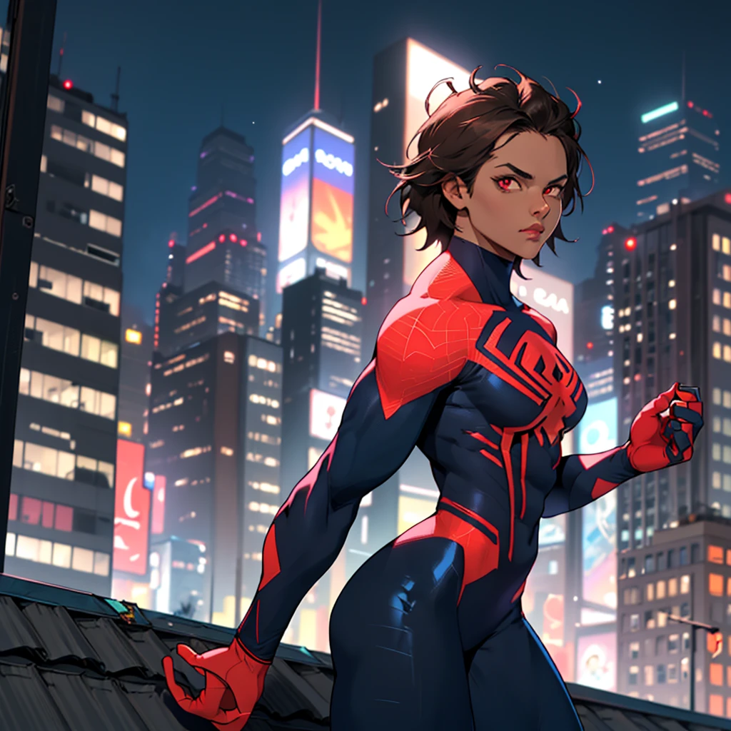  masterpiece fails,  top quality ,  super detailed,  surround lighting , mature mulatto woman , brown short hair, bodysuit,  red eyes,  Supperger Roy,  tight Spiderman costume, portrait,  looks at viewer ,  athletically built , night time,  stand on a roof in New York,  beautiful   