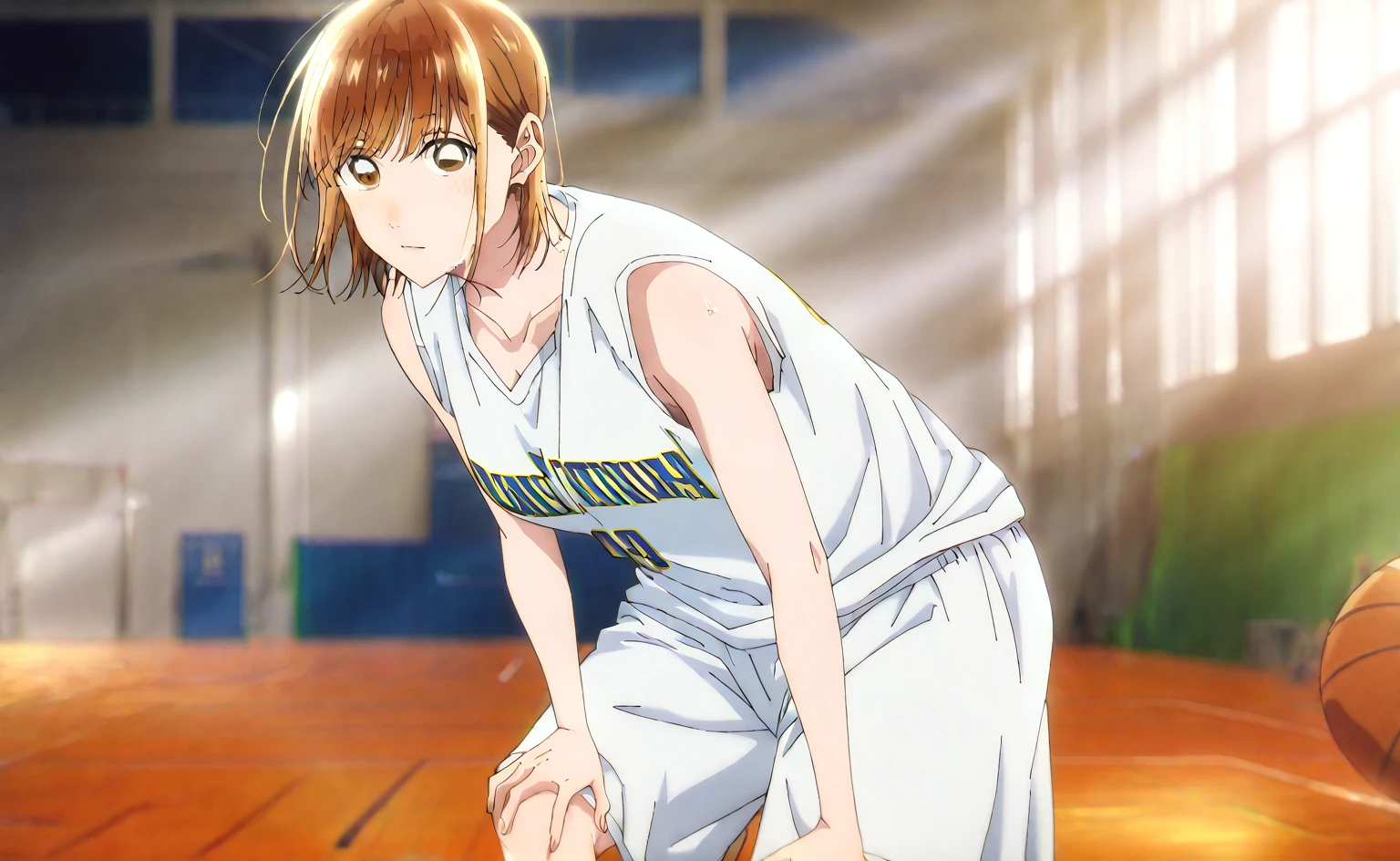       1 girl, Alone, Chinatsu,     Blurred Background,       brown eyes、       basketball uniform with a basketball in one hand 、       tank top 、Bibs、 Inside is black 、naked 、  Skindent 、   large areolas supporting breasts 、      lean forward     、   put your hands on your knees、      small 、belly button、Gym、       basketball only      、    viewers, masterpiece,  top quality,       High Quality     ,             very aesthetic         ,       absurd、(       sleeveless 、  basketball only      、side、side汗、   Raise your face  、    dribble、Move)、execution、     hopeless、      sweated、In motion、 basketball ring      