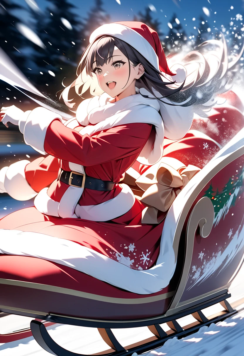 Beautiful Santa Claus pulling a reindeer sleigh･Lady、 is skidding on a high-speed drift、Scatter up powdery snow(( motion blur with glowing horns:2.5 ,  Blurred Background ,  Double Exposure:0.8))