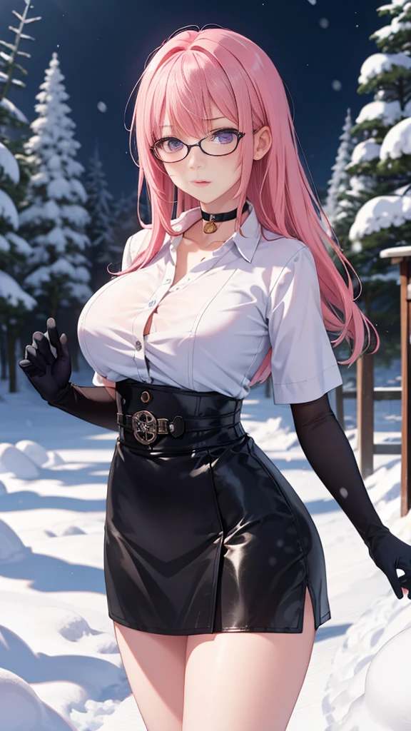 Masterpiece, Best Quality, (perfect anatomy,realist:1.3, view from front, facial focus,(without looking at the viewer:1.2), (1 girl in:1), 1 woman, (big breasts:1.2), sexy body, thin waist, Attractive front curves, round and soft chest, disgusted face, long pink hair), evening, Heavy Rain, exterior, City, crop top, choker 1:6, (White long sleeve collar shirt:1.4), (corset black leather), (shiny black tight mini skirt), blood stains, snowy dark forest, snow, night sky, Atmosphere, perfect hands, (black pantyhose), black pantyhose, green eyes