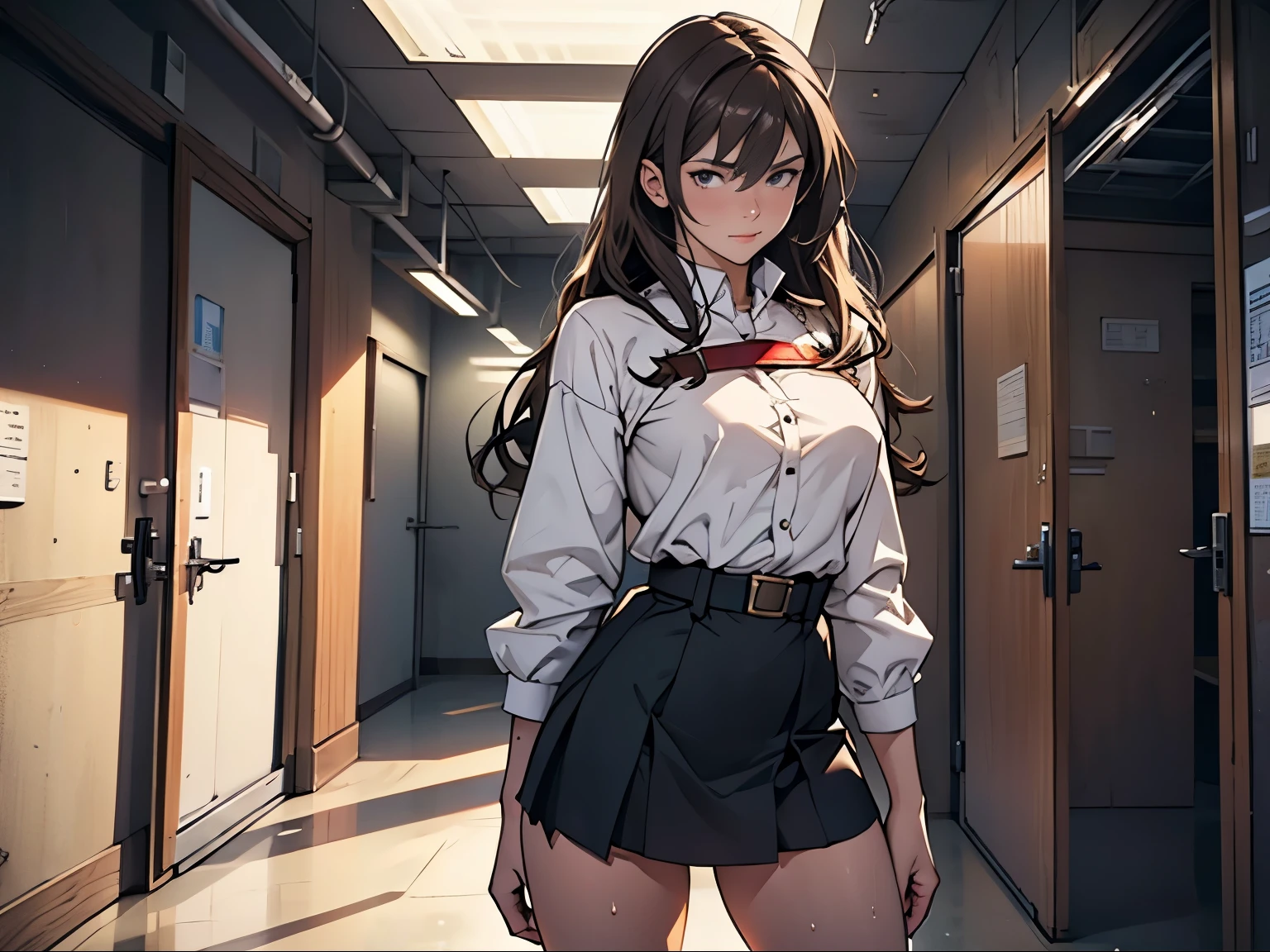 (Highly detailed CG Unity 8k wallpaper), (Masterpiece), (Highest quality), (Super detailed), (Best illustration), (Best shadow), (Absurd), 25 years old, Bullish, Embarrassed, Sweat, Steam, Looking The viewer sees a female teacher, long hair, brown hair, white blouse, black skirt, upward facing eyes, inside a junior high school warehouse, fluorescent lights shining, standing up, full body.