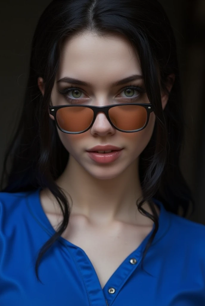 closeup face portrait of Nico Robin, a woman with a blue top. she wears tainted sunglasses. 