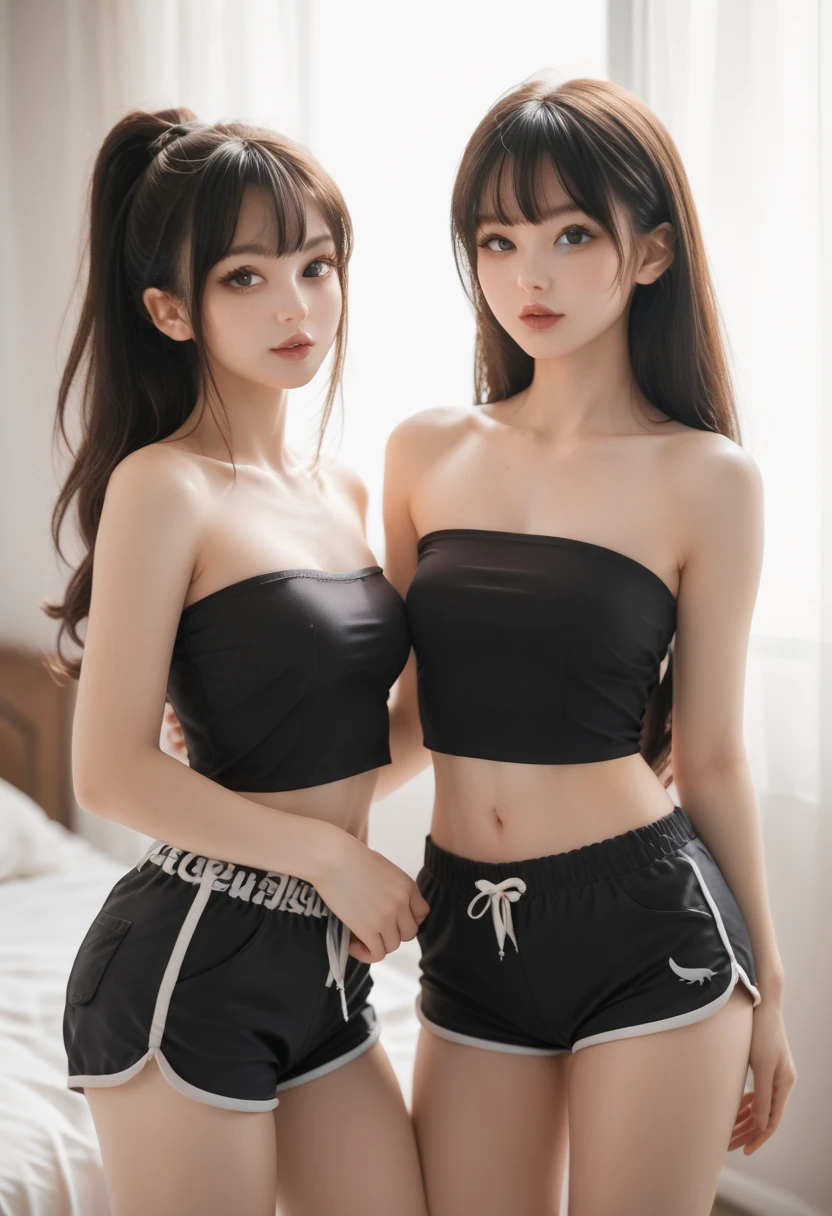 2girls Cute small young petite teen little goth twin sisters sexy sister in sexy tubetop and dolphin shorts in the bedroom relaxing