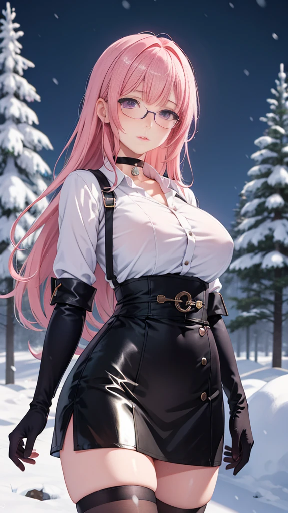 1 girl, Yanagi Tsukishiro , Alone,  big breasts, standing, fighting pose, sensual lips,  pink hair ,  seen from the front,  slender legs ,  Looking at the viewer,  beautiful eyes ,  detailed eyes , purple eyes, Hold a spear with your right hand,  simple samurai shoulder pad , glasses,  choker :1.6, ( black gloves),  shiny high waist mini skirt, ( white shirt with collar ),  serious expression , snowy forest, snow, blizzard,  at night