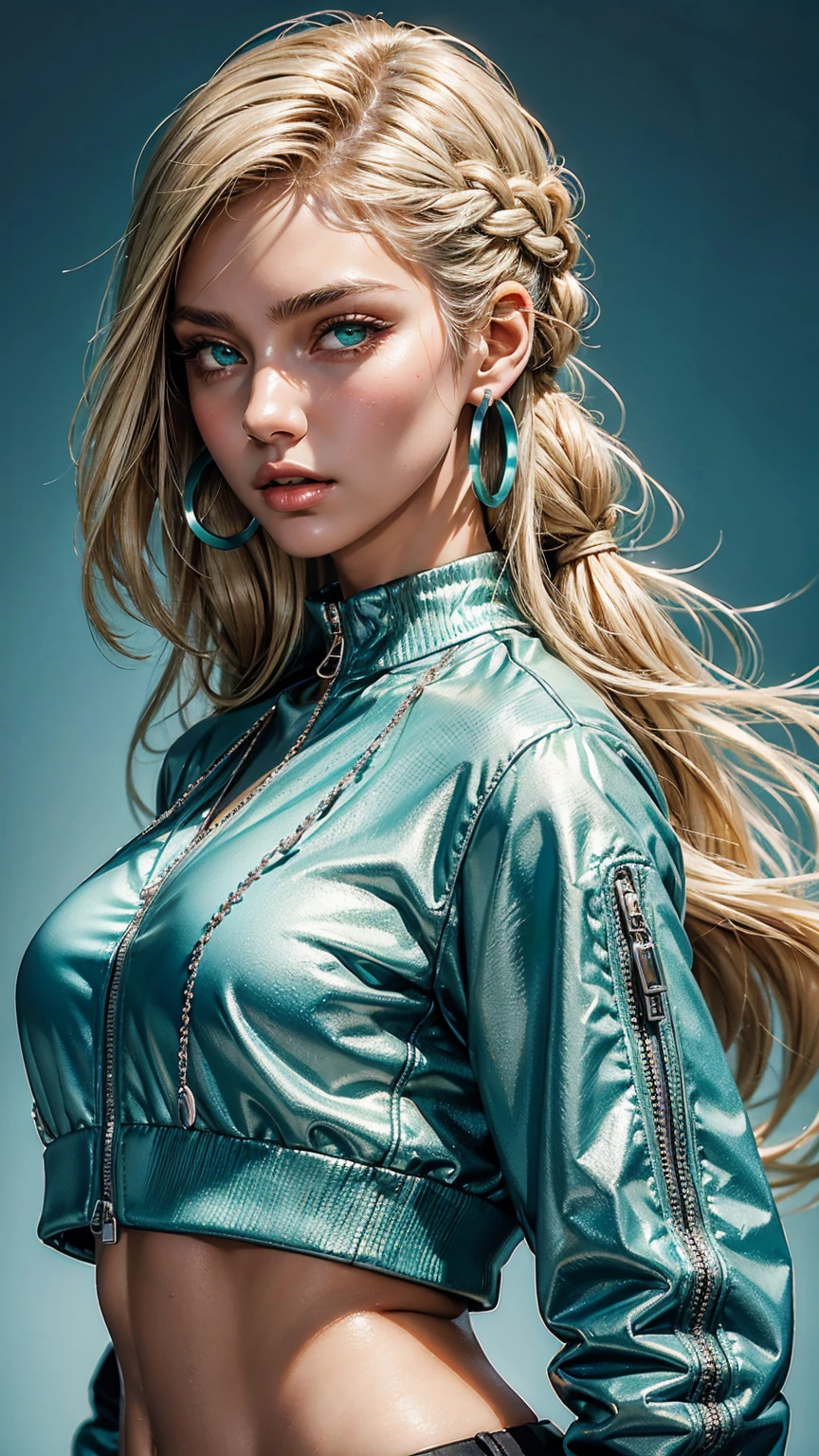 Young woman (ethnicity:1.0), (age:1.1), (detailed clothing:1.2), (accessories:1.1), (facial features:1.3), (expression:1.2), (body type:1.1), (pose:1.2), light blonde hair braided down her back, wearing a teal/green cropped sporty jacket/top with a light blue/white color sectioned under, visible silver metal zipper with a pendant.  Wearing a teal/green cap with a logo.  Large hoop earrings, wearing a silver chain necklace.  Green eyes, neutral expression.  Portrait shot, close-up, slight tilt, with a soft lighting that accentuates her face.  Detailed skin texture is rendered with smooth shading.  Natural looking light, stylized digital art, anime style, vibrant colors, realistic detailed hair.  Composition focuses on the close-up details for a fashion shot.  Focus on face, and accessories, with slightly off-center perspective.  High detail.  8k resolution, photorealistic style, trending art style.