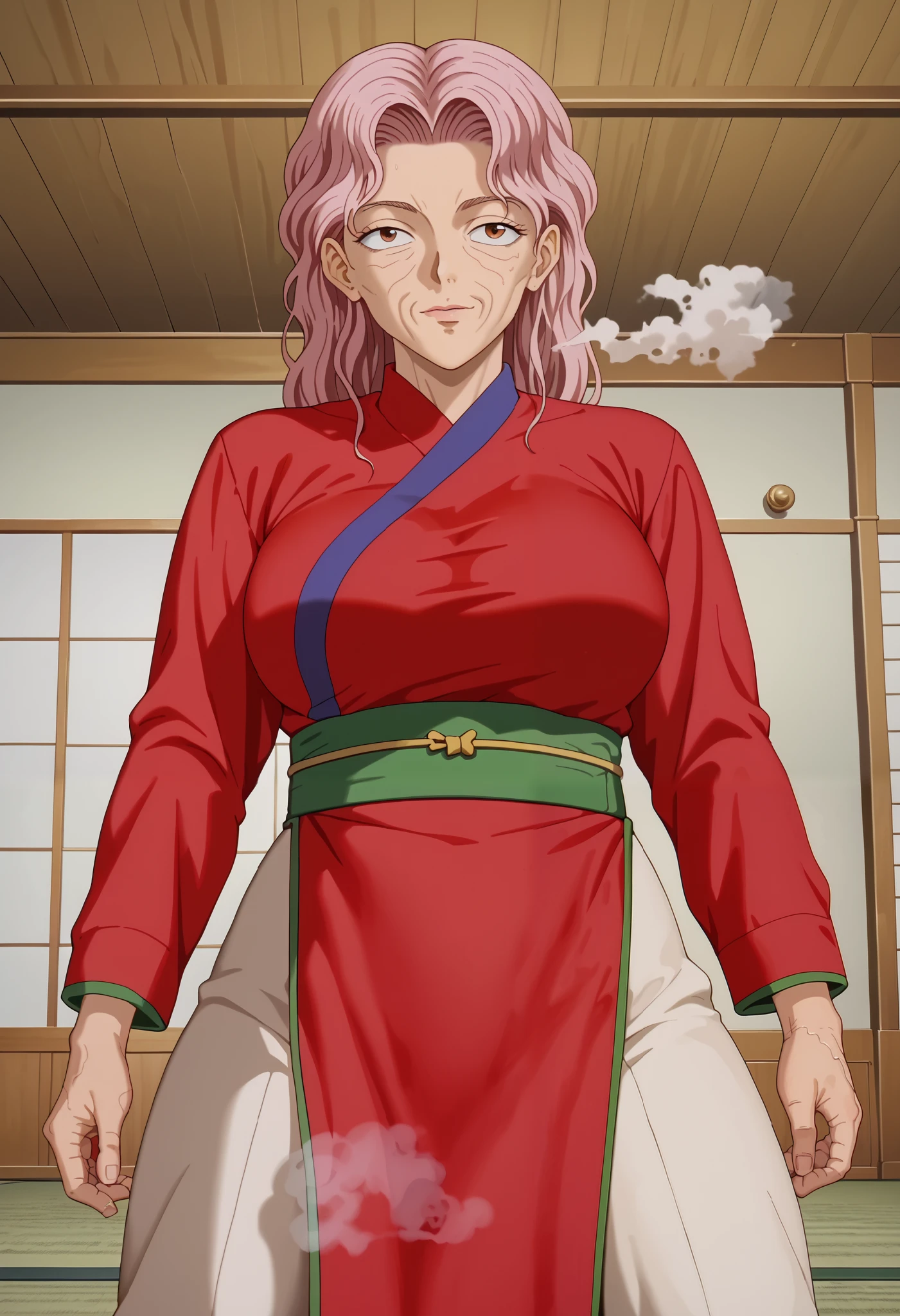 score_9, score_8_up, score_7_up, score_6_up, score_5_up, score_4_up, masterpiece, best quality, very aesthetic, absurdres, source_anime, anime screencap, 1990s \(style\), BREAK (1old woman), genkai, long perm hair, brown eyes, pink hair, ((detailed wrinkled skins, old aged face, mature face, old face)), (long sleeves, pants, sash, chinese clothes), ultra huge breasts, ultra huge cleavage, ultra huge tits, ultra huge boob, (indoors, messy room, shabby room, Tatami, dark interior:1.25, dark atmosphere:1.25), standing, ((close up angle, zoom up angle)), (nsfw:1.55, steam:1.55), (serious face), 