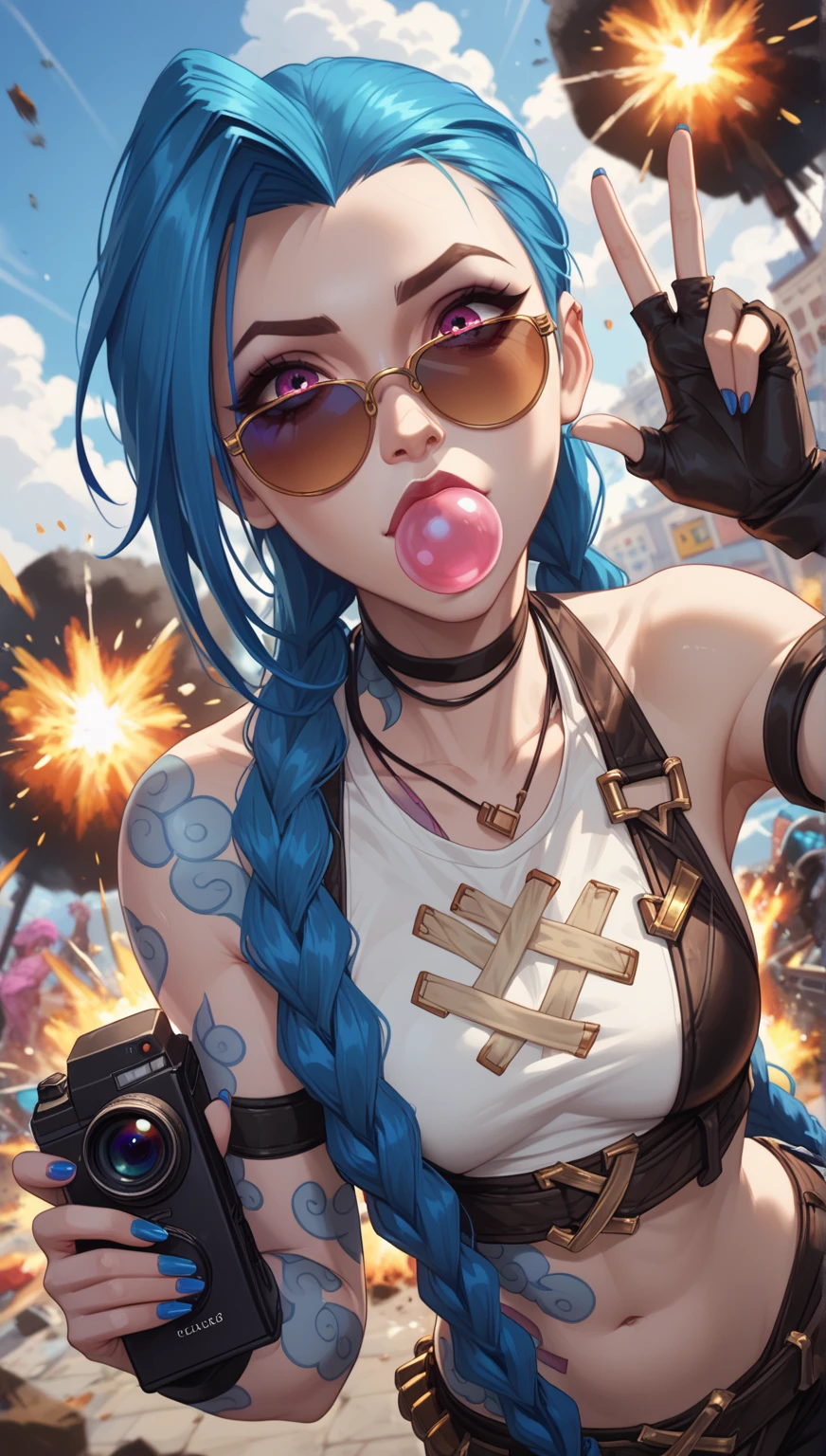 jinx from league of legends, wearing sunglasses while her hand showing the peace hand sign. There is a huge explosion behind her, blowing up a secret lab. she has a long twin braid, and a bubble gum in her mouth. dutch camera angle, wide shot, with the composition of the image should be intense with the color of the explosion and the light it emits.