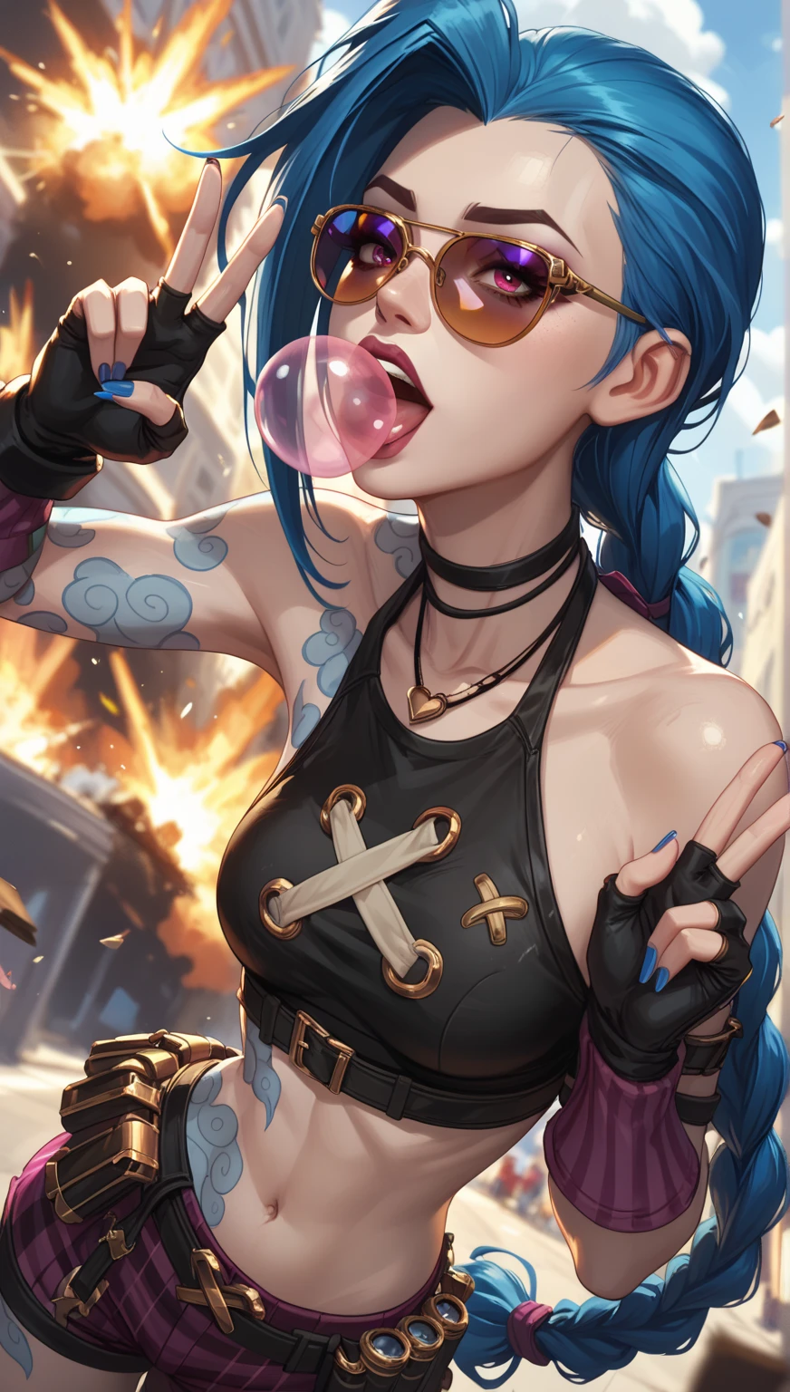 jinx from league of legends, wearing sunglasses while her hand showing the peace hand sign. There is a huge explosion behind her, blowing up a secret lab. she has a long twin braid, and a bubble gum in her mouth. dutch camera angle, wide shot, with the composition of the image should be intense with the color of the explosion and the light it emits.