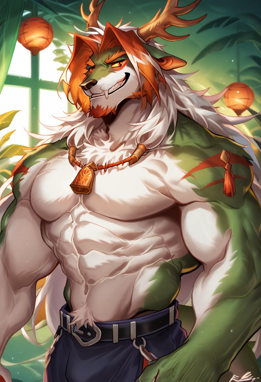 score_9, score_8_up, score_7_up, ((best quality)), absurdres, masterpiece,best quality,(anthro,solo,furry,male focus,muscular,muscular male,pectorals,bara,furry male),3/4 body,1boy, quality, hires, solo, wei yenwu, lung, chief executive of lungmen, furry, antlers, yellow sclera, orange eyes, green body, facial hair, cowboy shot, topless, seductive, smug, looking at viewer, room
by_rabbity, Expressiveh,zPDXL3