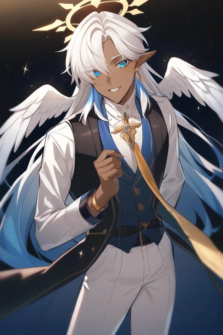 a handsome man with dark brown skin and short neck length straight slightly wavy fluffy white hair with blue tips with parted down to the middle bangs and sharp celestial blue eyes wears a long sleeved white shirt and a navy blue vest with gold markings and white pants with a black belt has a gentle smile and white wings, ear wings, head wings, golden glowing crown like halo in a manhwa