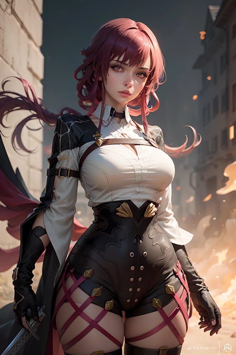 anne bonny, ((masterpiece)), ((best quality)), (white long coat), coat on shoulders,white navy soldier uniform ,(epaulettes), purple shirt, blue pants, upper body, looking at viewer, (large breasts) ,(hd), (full body shot), (high resolution)