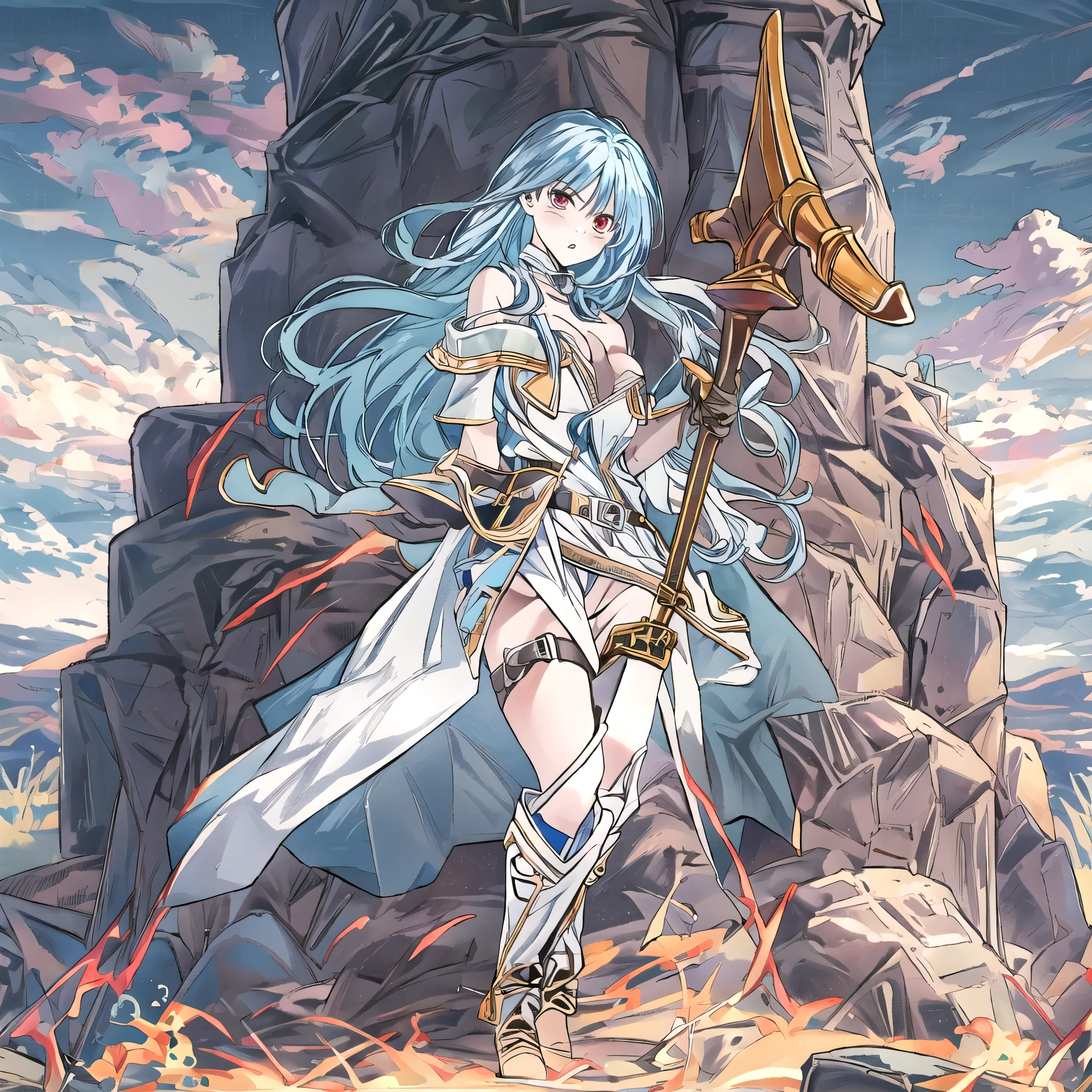  top quality , ,_(dq3),  girl, (holding staff, staff:1.3), Alone,  long hair,  blue hair,  circlet, red eyes, Normal Breasts, YELLOW GLOVES , white dress,  belt bag , Cape,  long boots,  clevis on a stone,  shoulder out, underwear,  standing, whole body, Grassland, Wind lift,  background:Wilderness white 、 sexy、 Big Breasts 、 juicy thighs、 cute face、 magic before the Ice Castle、 slime 、Sage、fight、(Monsters attack、Battle、Big Magic、Gigadein)、