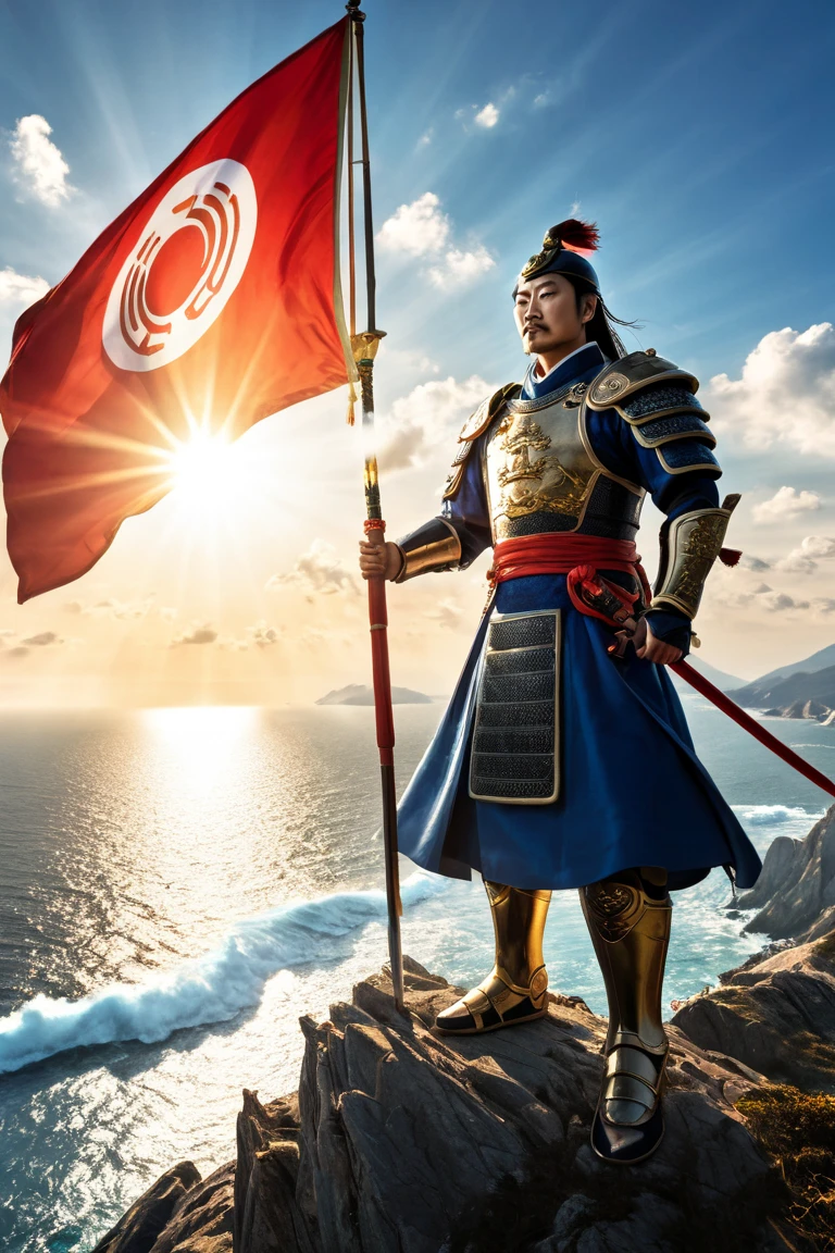 A majestic depiction of Yi Sun Shin standing on a hill overlooking the sea. He holds a Korean flag in one hand and a sword in the other, his armor shining under the sunlight. The atmosphere is heroic, with a fleet of warships visible in the distance.