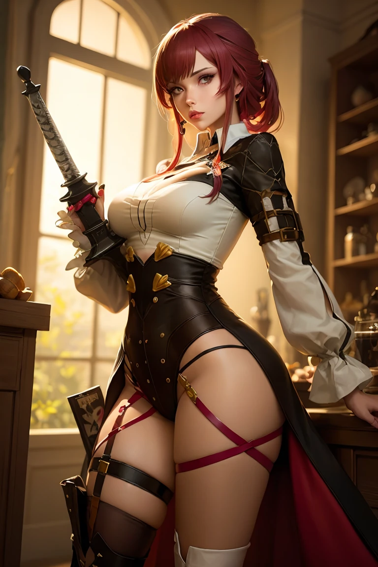 ((best quality)), ((masterpiece)), (detailed), 1girl, NSFW, small breasts, prominent collarbones, skinny arms, flat stomach, visible hip bones, long hair, red hair, white hair, blonde hair, dark hair, ponytail, thick ponytail, heavy ponytail, red and white clothing, Bloodborne inspired, occult aesthetic, occult, detailed and intricate steampunk and detailed gothic, NSFW Fluttering lace frilly petticoats, pleated petticoats