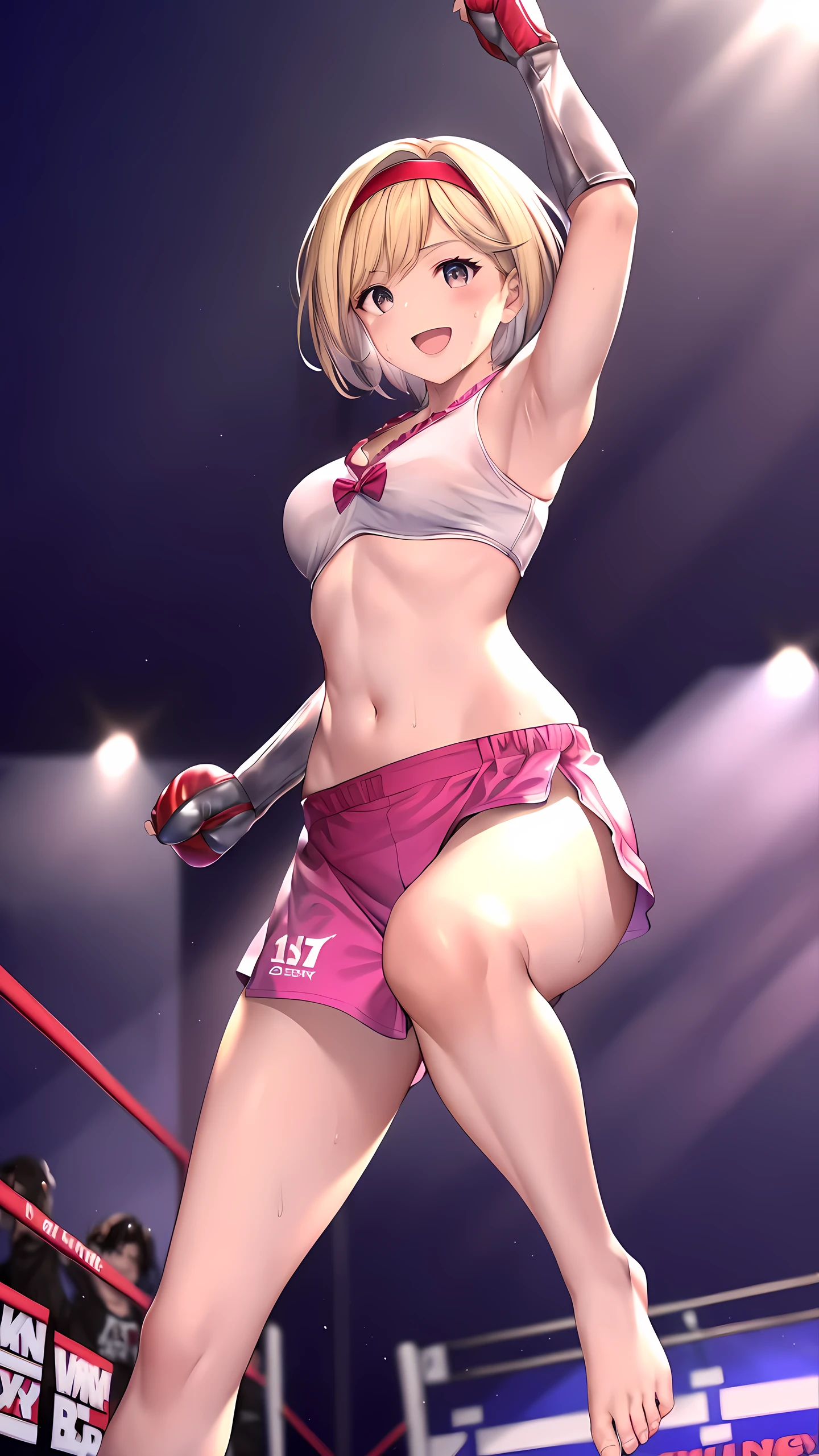 djeeta_(granblue_fantasy), 1girl, solo, Detailed eyes, (wearing mma costume:2, bare thigh, mma gloves, no sleeves:1.3, bare forearm:1.3, visible navel), bare foot, (slim long legs:1.3), Perfect body, (on boxing ring :1.5), (happy smile:1.5, open mouth), Toned body, Ultra HD, Detailed eyes, Detailed face, full body shot, looking at viewer, (from below:1.5, victory poses:1.5, arm up, leg up), sweaty, stage lighting,