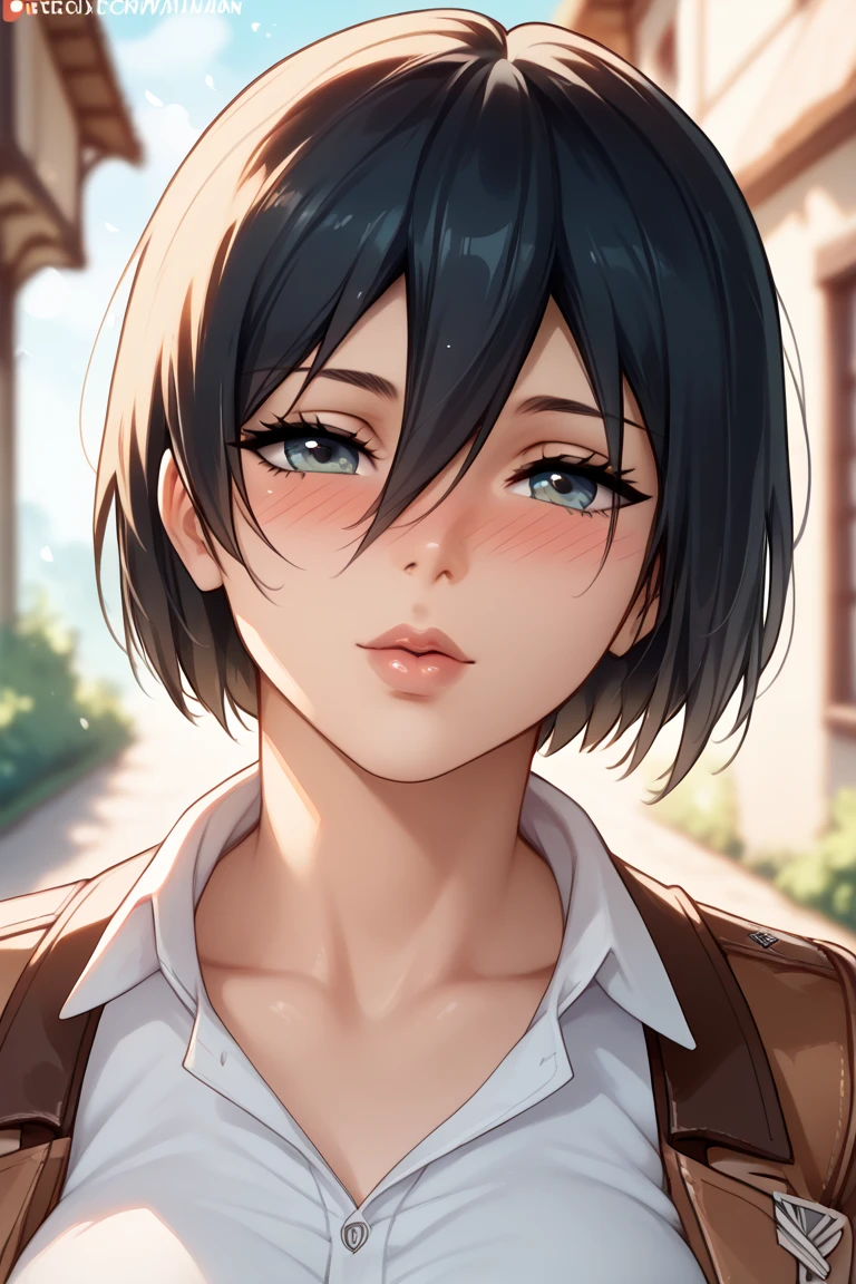 Beautiful cute Mikasa Ackerman, blushing, outdoor