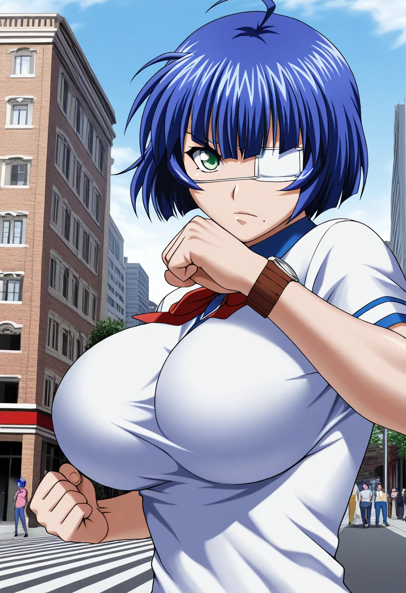 masterpiece,  top quality ,  amazing quality, One girl ,Ryomo full name \(Ikki tousen\),Linsin ( artist ), Big Breasts , punch, upset, Watch the viewer , city,  building , Lines of movement　ryomou shimei, blue hair, short hair, ahoge, blunt bangs, green eyes, eyepatch, mole under mouth