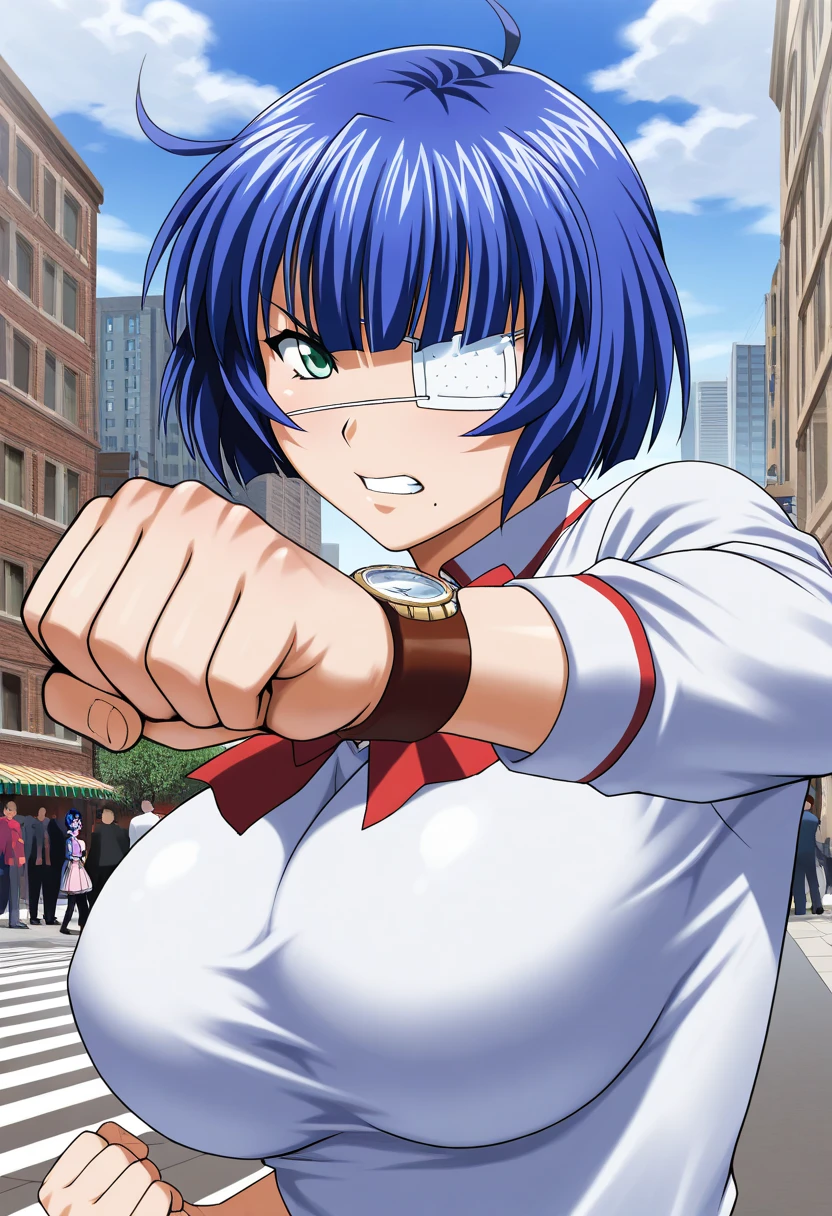 masterpiece,  top quality ,  amazing quality, One girl ,Ryomo full name \(Ikki tousen\),Linsin ( artist ), Big Breasts , punch, upset, Watch the viewer , city,  building , Lines of movement　ryomou shimei, blue hair, short hair, ahoge, blunt bangs, green eyes, eyepatch, mole under mouth