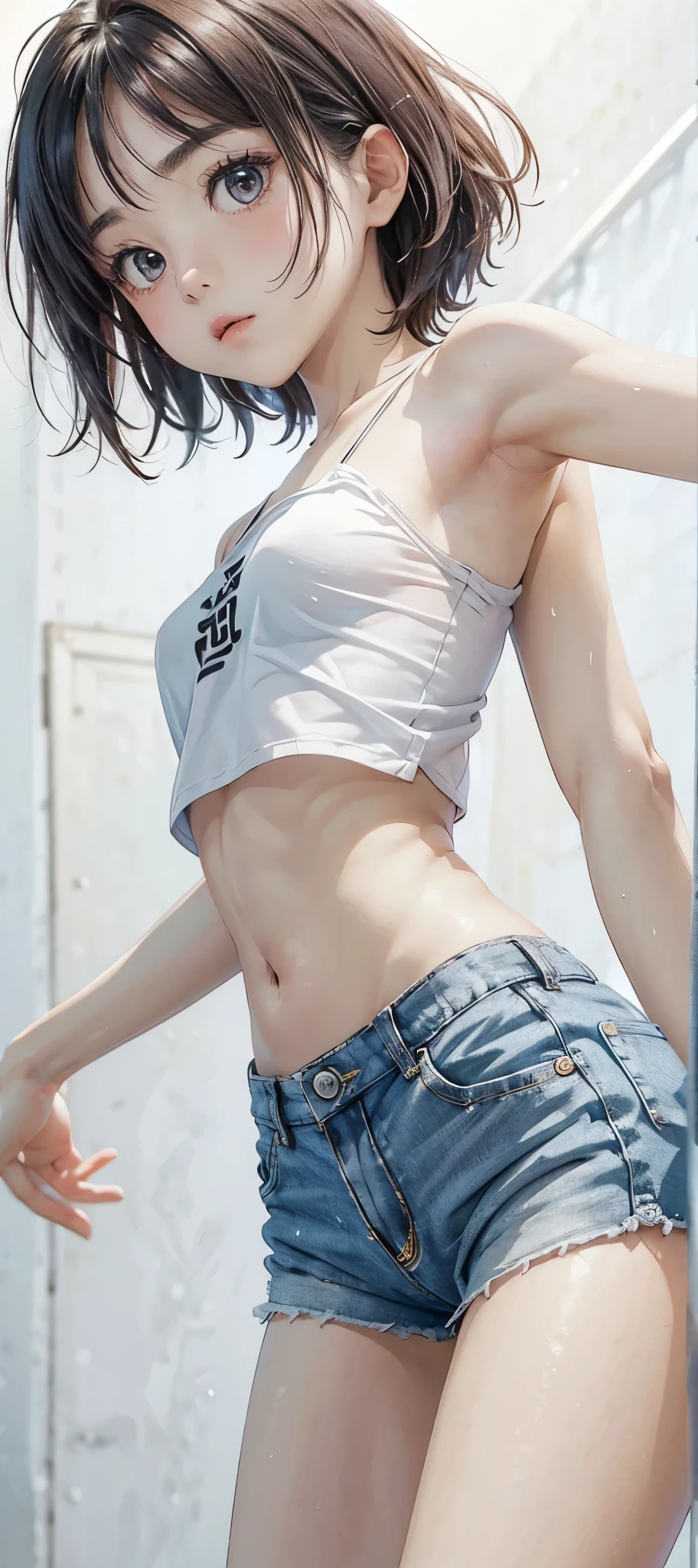 Cute girl . so cute , Round Face . Solitary , Slim , Short stature . Glowing skin . Pure white tube top T-shirt . shorts . Dynamic poses . Dynamic Angle . No background , White background , Looking at the audience's slender and sexy legs, Put your hands behind your head((Clear nipples))、Rocket , (Large Breasts),(because I'Thin) , 身材Short stature . Smooth skin . Plain white T-shirt . . Dynamic poses . Dynamic Angle . No background , White background , Looking at the audience