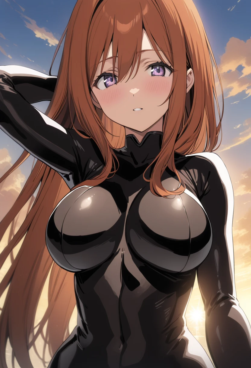 best quality,masterpiece,highres,absurdres,newest,rating: general, (orihime inoue, 1girl, cute, orihime inoue, purple eyes, white eyes, blunt bang), (bodysuits:1.5), blush, (large breasts), no bra, upper body, from front viewer, (sunshine, sky),  orange hair, brown hair, Hair: Orihime has long, burnt orange hair that's waist-length. In the TYBW anime, her hair is dark auburn. ,
