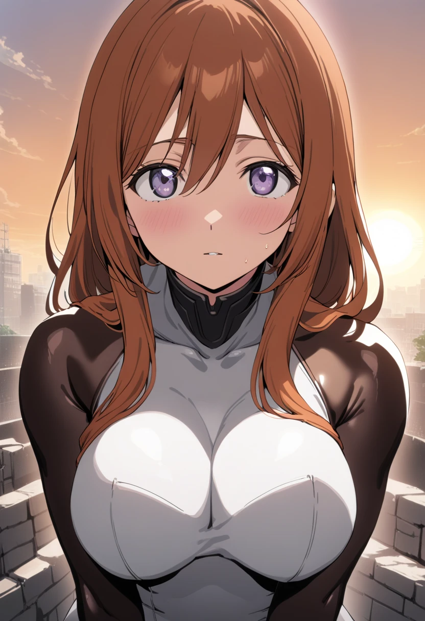 best quality,masterpiece,highres,absurdres,newest,rating: general, (orihime inoue, 1girl, cute, orihime inoue, purple eyes, white eyes, blunt bang), (bodysuits:1.5), blush, (large breasts), no bra, upper body, from front viewer, (sunshine, sky),  orange hair, brown hair, Hair: Orihime has long, burnt orange hair that's waist-length. In the TYBW anime, her hair is dark auburn. ,
