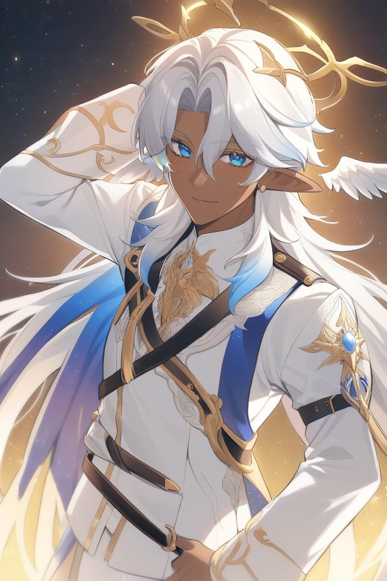 a handsome man with dark brown skin and short neck length straight slightly wavy fluffy white hair with blue tips with parted down to the middle bangs and sharp celestial blue eyes with white lashes wears a long sleeved white shirt and a navy blue vest with gold markings and white pants with a black belt has a gentle smile and white wings, ear wings, head wings, golden glowing crown like halo in a manhwa