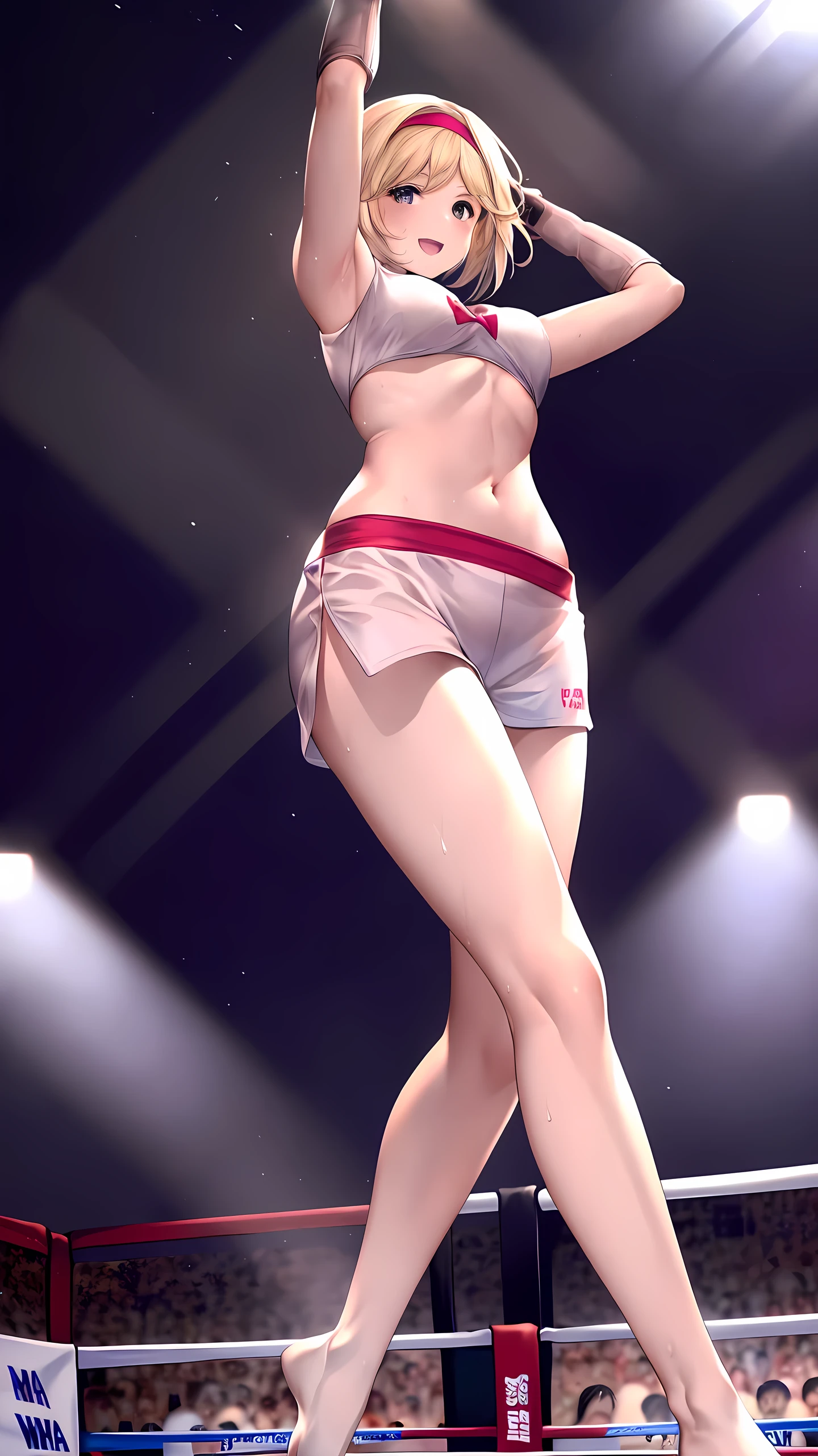 djeeta_(granblue_fantasy), 1girl, solo, Detailed eyes, (wearing mma costume:2, bare thigh, mma gloves, no sleeves:1.3, bare forearm:1.3, visible navel), bare foot, (slim long legs:1.3), Perfect body, (on boxing ring :1.5), (happy smile:1.5, open mouth), Toned body, Ultra HD, Detailed eyes, Detailed face, full body shot, looking at viewer, (from below:1.5, victory poses:1.5, arm up, leg up), sweaty, stage lighting,