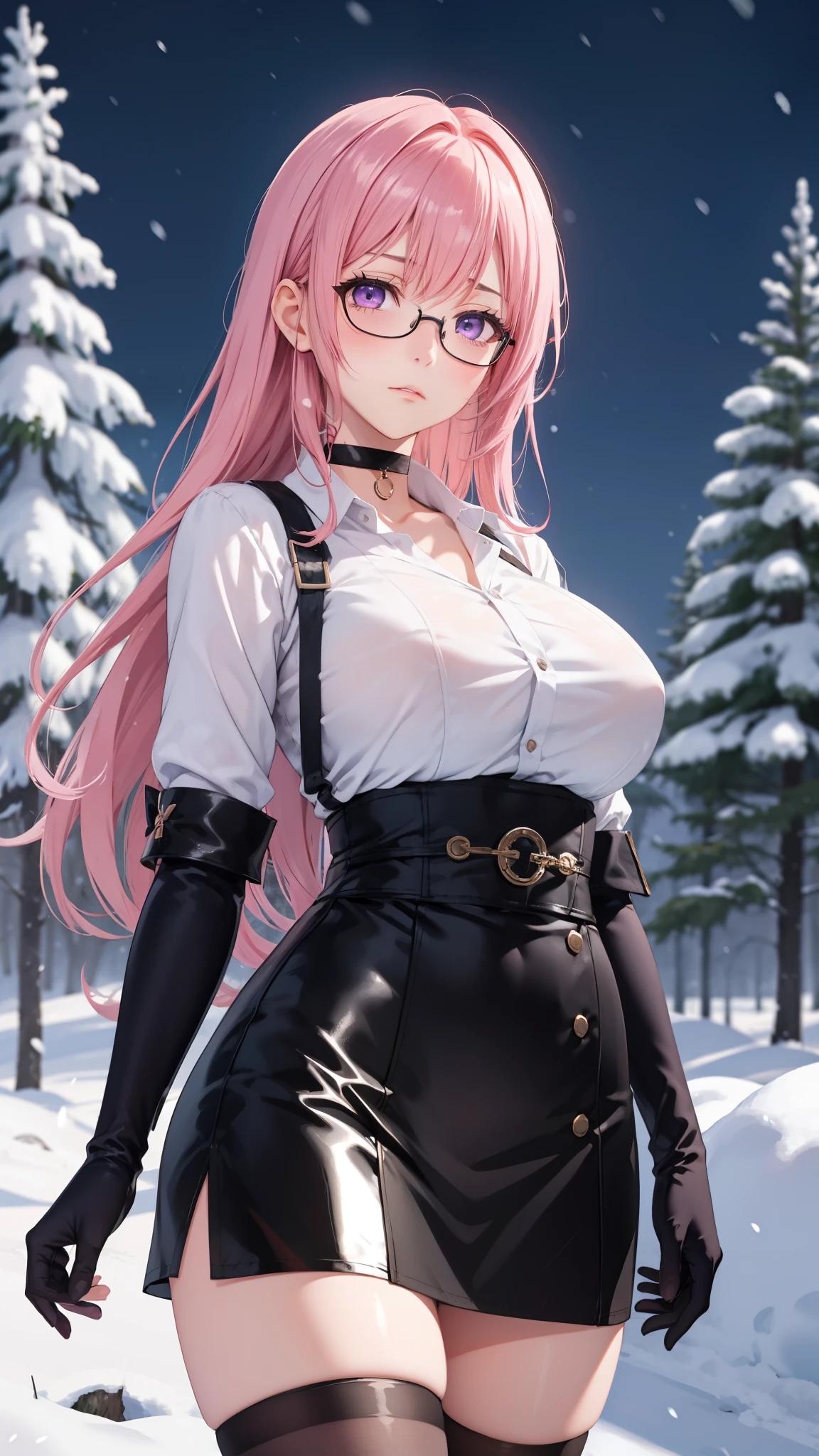 1 girl, Yanagi Tsukishiro , Alone,  big breasts, standing, fighting pose, sensual lips,  pink hair ,  seen from the front,  slender legs ,  Looking at the viewer,  beautiful eyes ,  detailed eyes , purple eyes, Hold a spear with your right hand,  simple samurai shoulder pad , glasses,  choker :1.6, ( black gloves),  shiny high waist mini skirt, ( white shirt with collar ),  serious expression , snowy forest, snow, blizzard,  at night