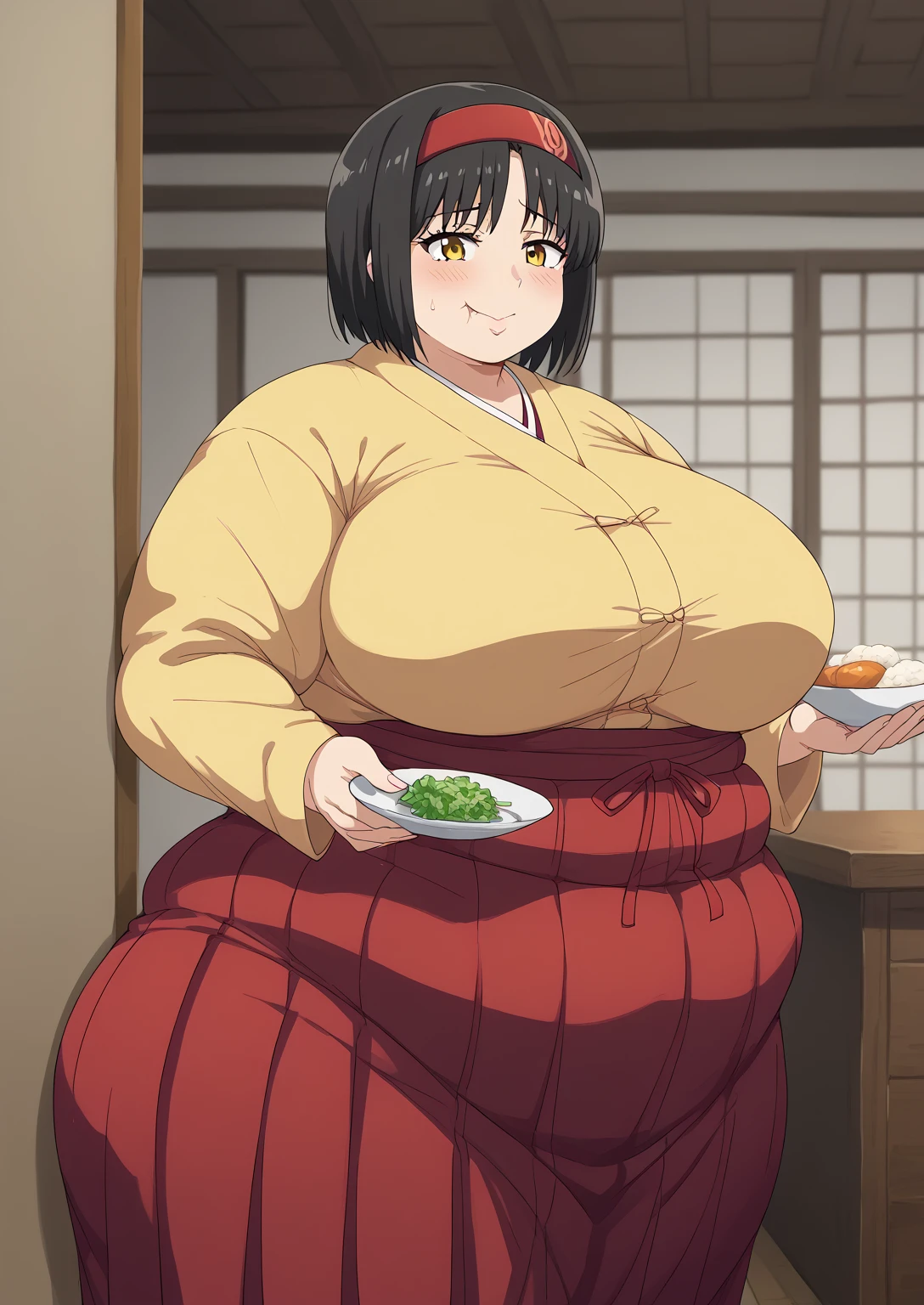 Erika, Erica,    yellow eyes  ,  Black Hair,  red headband,   Shorthair,  yellow kimono, Boobs are not exposed,   Long Sleeve  ,  red hakama, score_9,   score_8_ up,   score_7_ up,   score_6_ up,   score_5_ up,   score_4_ up,     masterpiece   ,   top quality,     very aesthetic  ,    absurd,    Source_Anime, Anime screencap,    one woman , Alone,   personal   ,  Super huge breasts, (((S uper huge クレビス, Super huge , Super huge boob))), Curvy,   in her 20s,  Mature Woman,   obese , ,  troubled expression, ssbbw,  embarrassing expression , Japanese-style room, Hunger, sighing , eating rice balls, Swollen face 