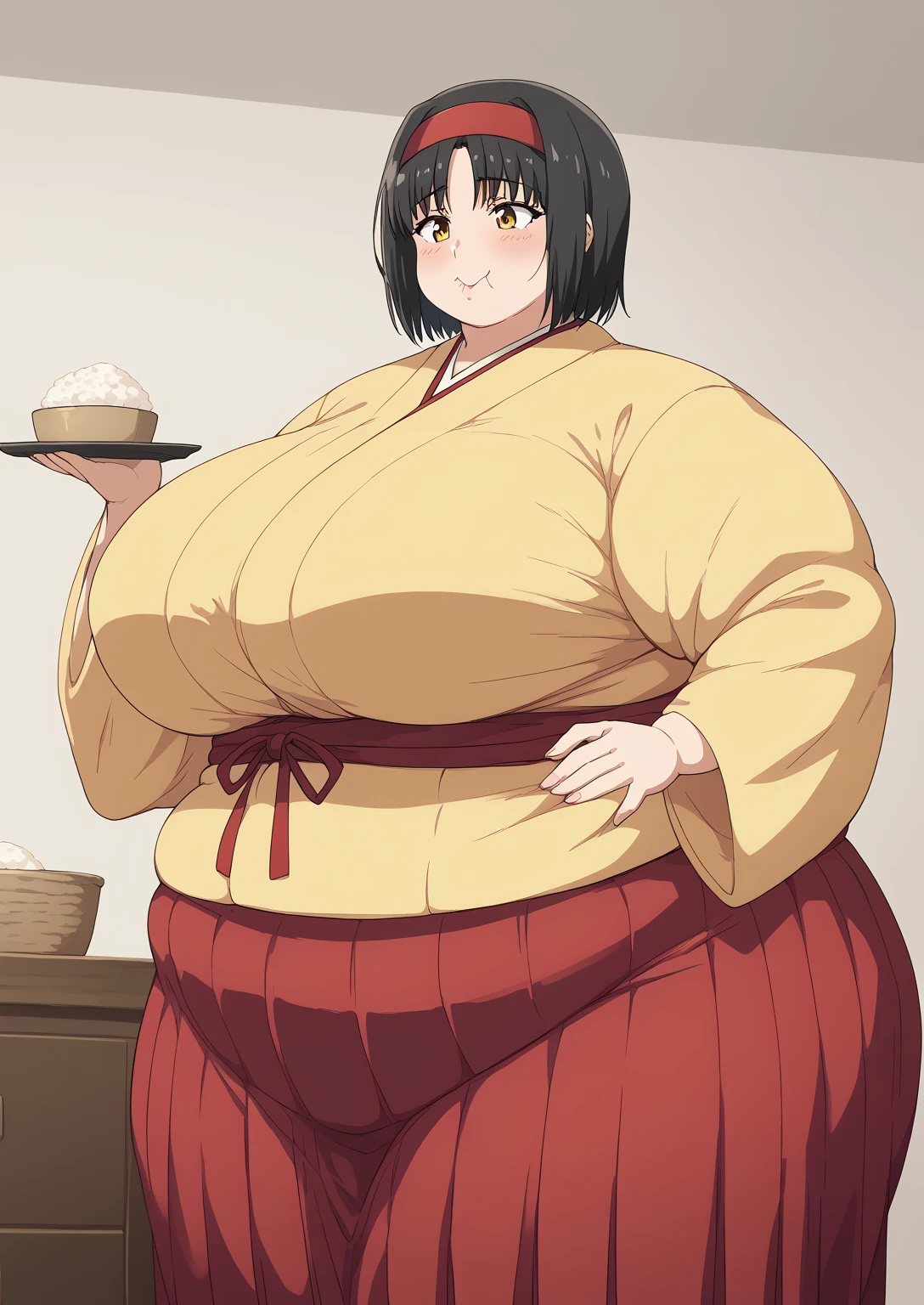 Erika, Erica,    yellow eyes  ,  Black Hair,  red headband,   Shorthair,  yellow kimono, Boobs are not exposed,   Long Sleeve  ,  red hakama, score_9,   score_8_ up,   score_7_ up,   score_6_ up,   score_5_ up,   score_4_ up,     masterpiece   ,   top quality,     very aesthetic  ,    absurd,    Source_Anime, Anime screencap,    one woman , Alone,   personal   ,  Super huge breasts, (((S uper huge クレビス, Super huge , Super huge boob))), Curvy,   in her 20s,  Mature Woman,   obese , ,  troubled expression, ssbbw,  embarrassing expression , Japanese-style room, Hunger, sighing , eating rice balls, Swollen face 