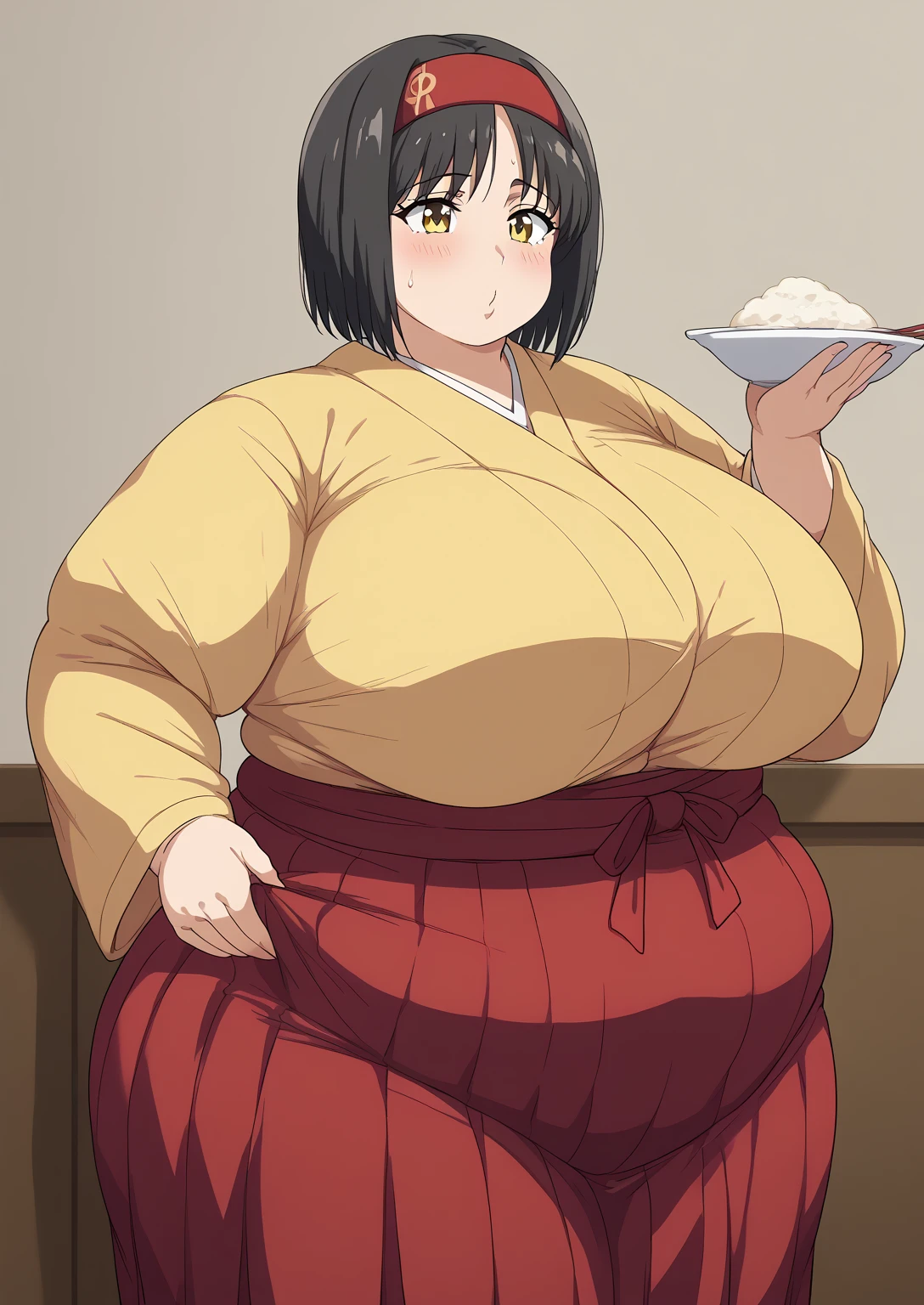 Erika, Erica,    yellow eyes  ,  Black Hair,  red headband,   Shorthair,  yellow kimono, Boobs are not exposed,   Long Sleeve  ,  red hakama, score_9,   score_8_ up,   score_7_ up,   score_6_ up,   score_5_ up,   score_4_ up,     masterpiece   ,   top quality,     very aesthetic  ,    absurd,    Source_Anime, Anime screencap,    one woman , Alone,   personal   ,  Super huge breasts, (((S uper huge クレビス, Super huge , Super huge boob))), Curvy,   in her 20s,  Mature Woman,   obese , ,  troubled expression, ssbbw,  embarrassing expression , Japanese-style room, Hunger, sighing , eating rice balls, Swollen face 