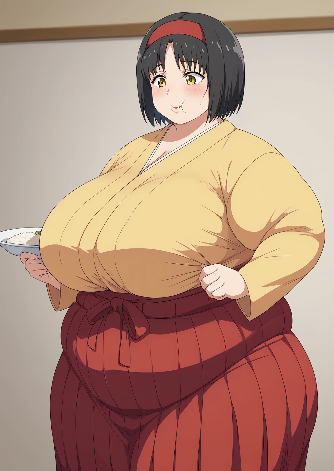 Erika, Erica,    yellow eyes  ,  Black Hair,  red headband,   Shorthair,  yellow kimono, Boobs are not exposed,   Long Sleeve  ,  red hakama, score_9,   score_8_ up,   score_7_ up,   score_6_ up,   score_5_ up,   score_4_ up,     masterpiece   ,   top quality,     very aesthetic  ,    absurd,    Source_Anime, Anime screencap,    one woman , Alone,   personal   ,  Super huge breasts, (((S uper huge クレビス, Super huge , Super huge boob))), Curvy,   in her 20s,  Mature Woman,   obese , ,  troubled expression, ssbbw,  embarrassing expression , Japanese-style room, Hunger, sighing , eating rice balls, Swollen face 